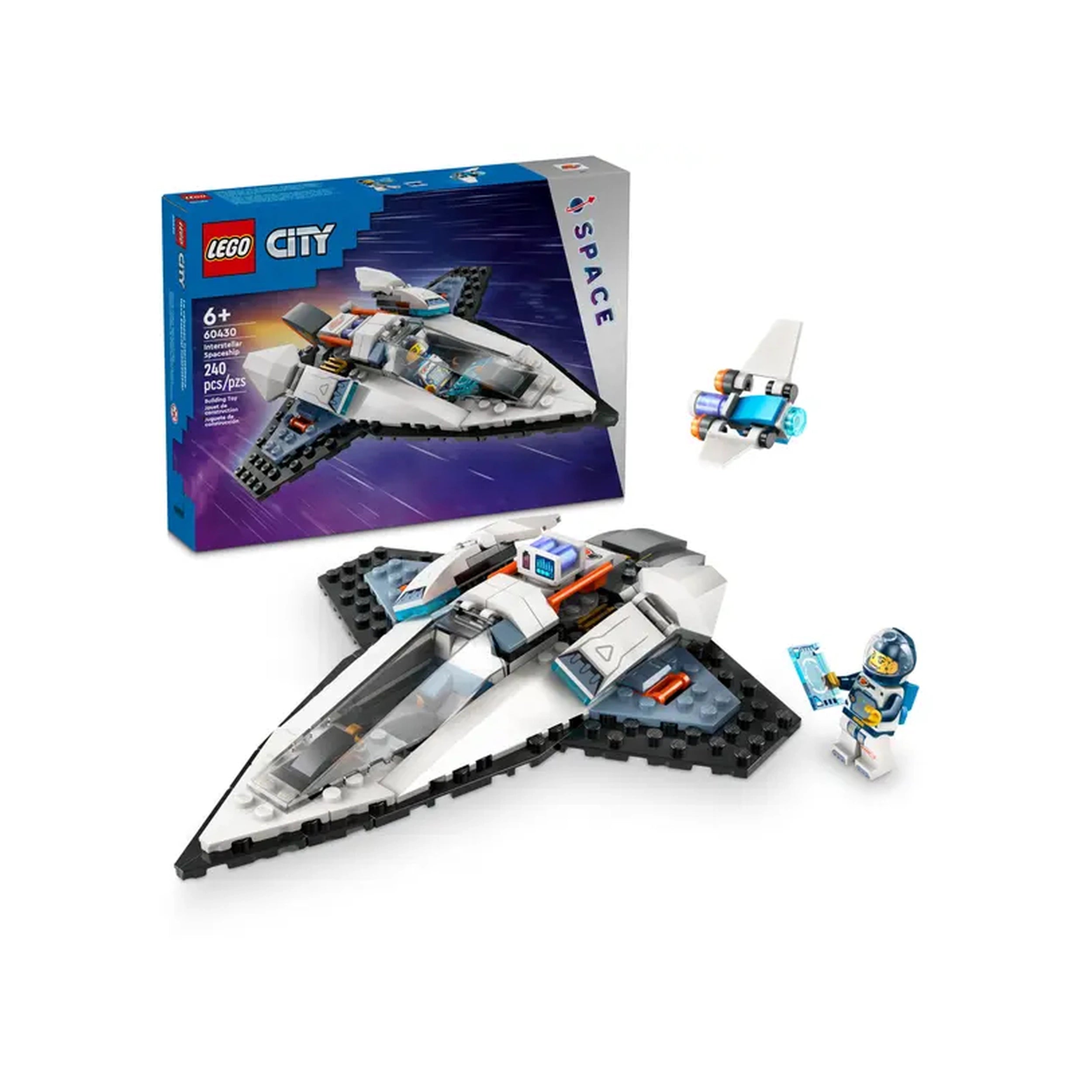 LEGO® City Interstellar Spaceship construction set with a sleek spacecraft, a drone bot, and a space crew minifigure, featuring vibrant colors against a cosmic background.