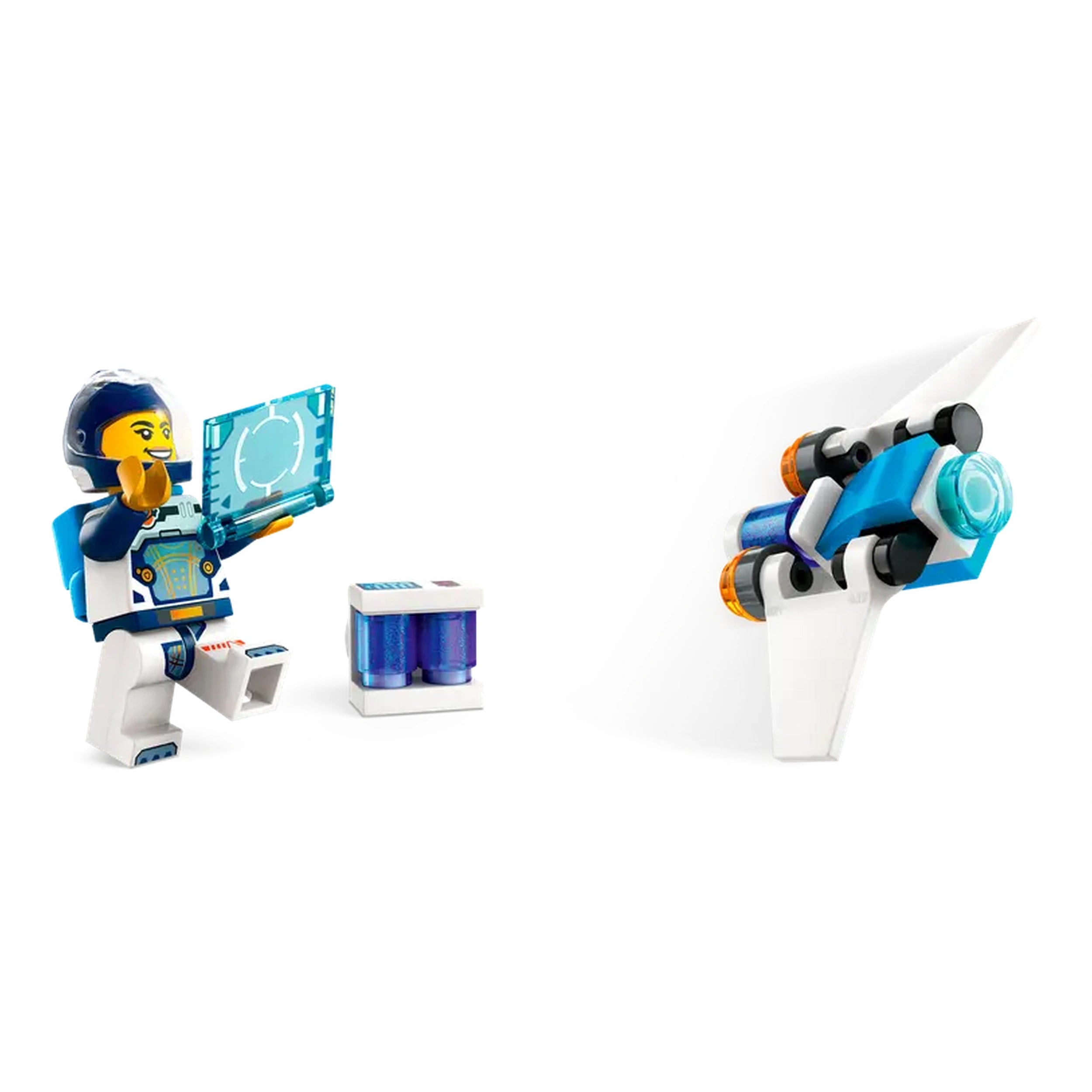 A LEGO® astronaut figure interacts with a blue control panel while a small, sleek white spaceship with orange thrusters hovers nearby.