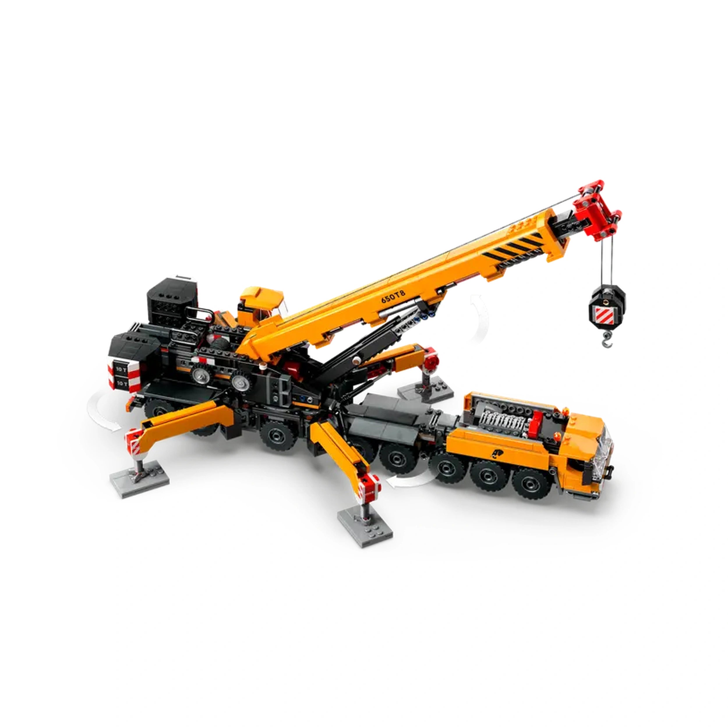 LEGO® City Mobile Construction Crane set featuring a vibrant orange crane on a detailed 16-wheel truck, equipped with functional elements.