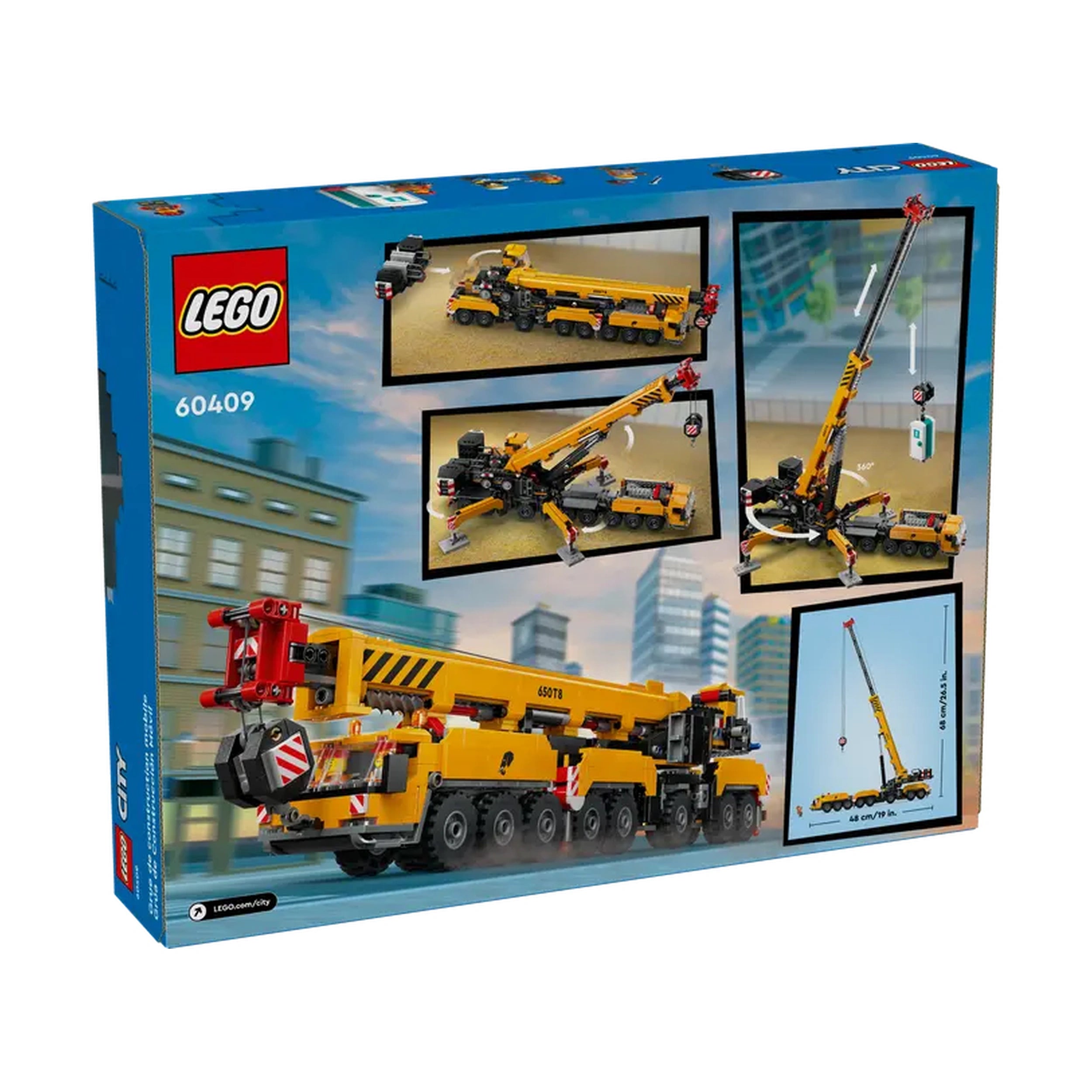 LEGO® City Mobile Construction Crane set featuring a detailed 16-wheel truck, transforming crane, and dynamic construction elements against a city skyline backdrop.