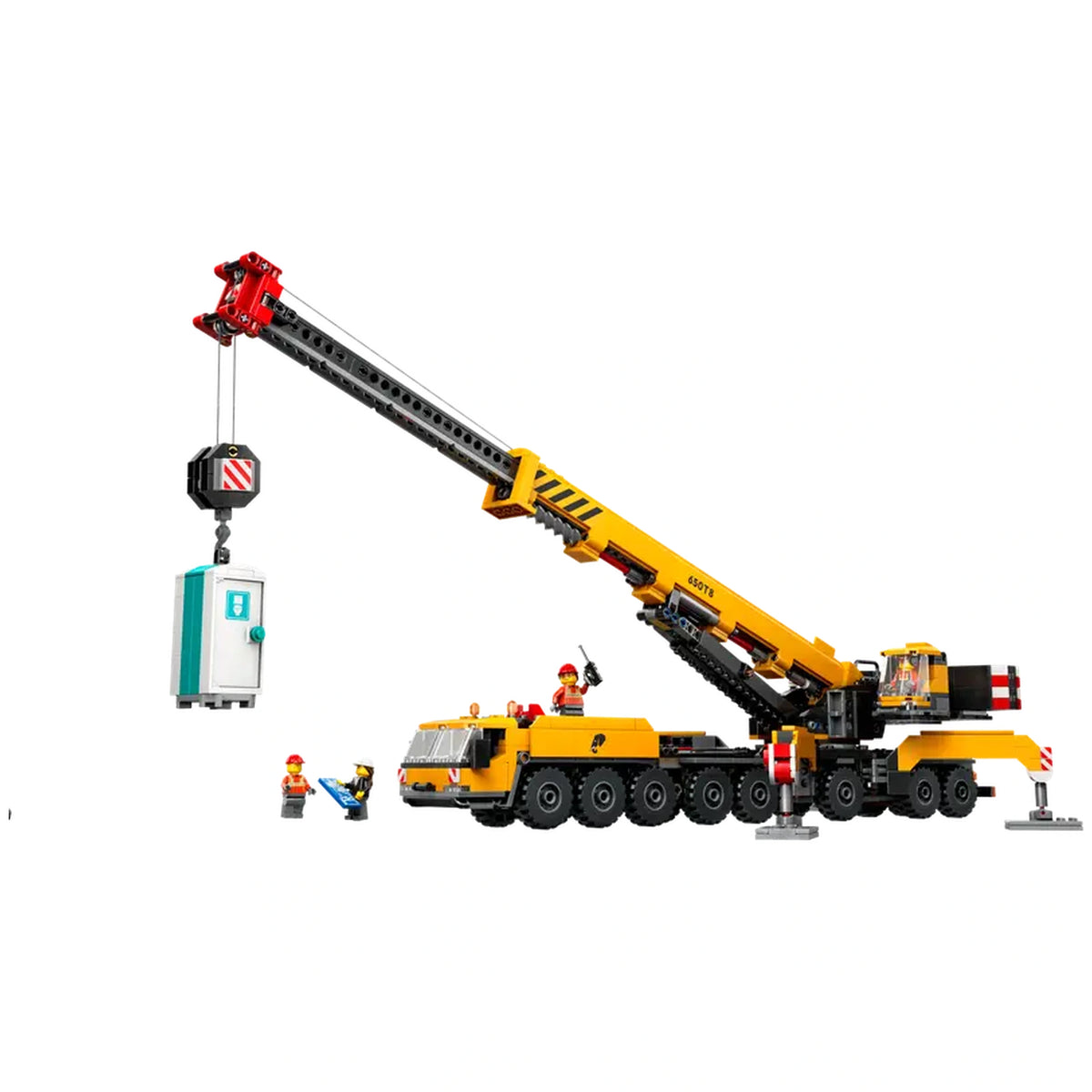 LEGO® City Mobile Construction Crane with a yellow 16-wheel truck, adjustable crane arm, and mini-figures engaged in construction.