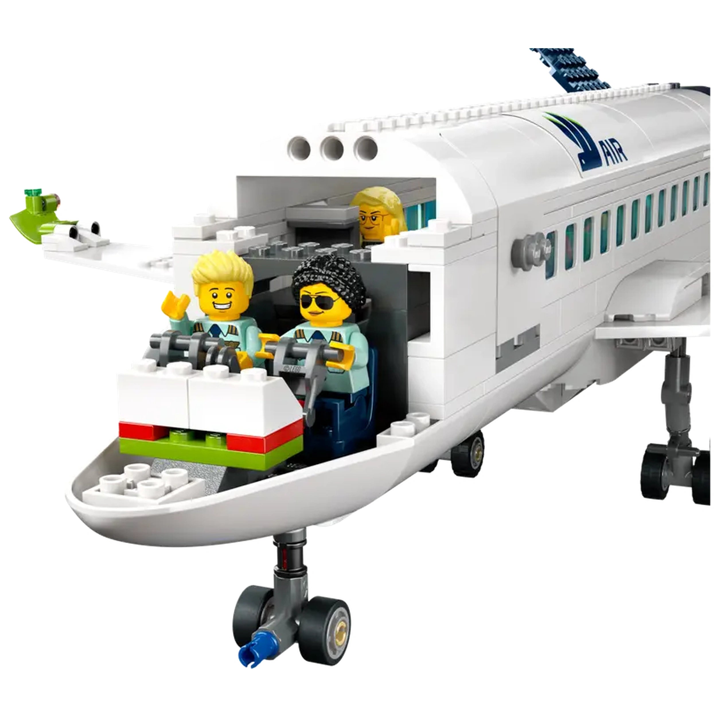 LEGO® City Passenger Airplane construction set featuring two minifigures in the cockpit, with a detailed interior, bright colors, and realistic features.