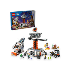 LEGO City Space Base and Rocket Launchpad set featuring a colorful space station, a rocket, and astronaut figures with a control tower and vehicles.