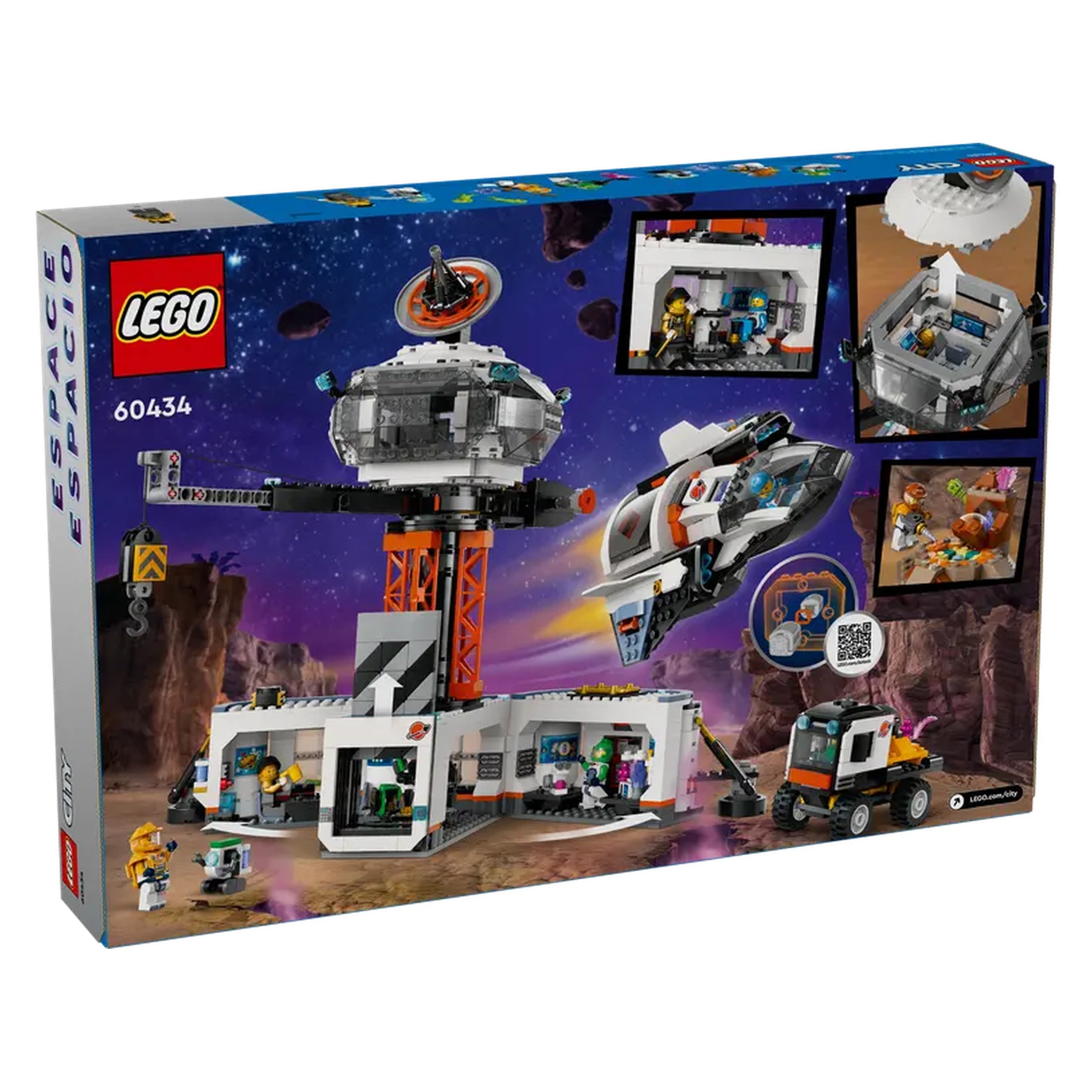 LEGO® City Space Base and Rocket Launchpad set featuring a detailed space station with a control room, crane tower, and spaceship, set against a starry background.