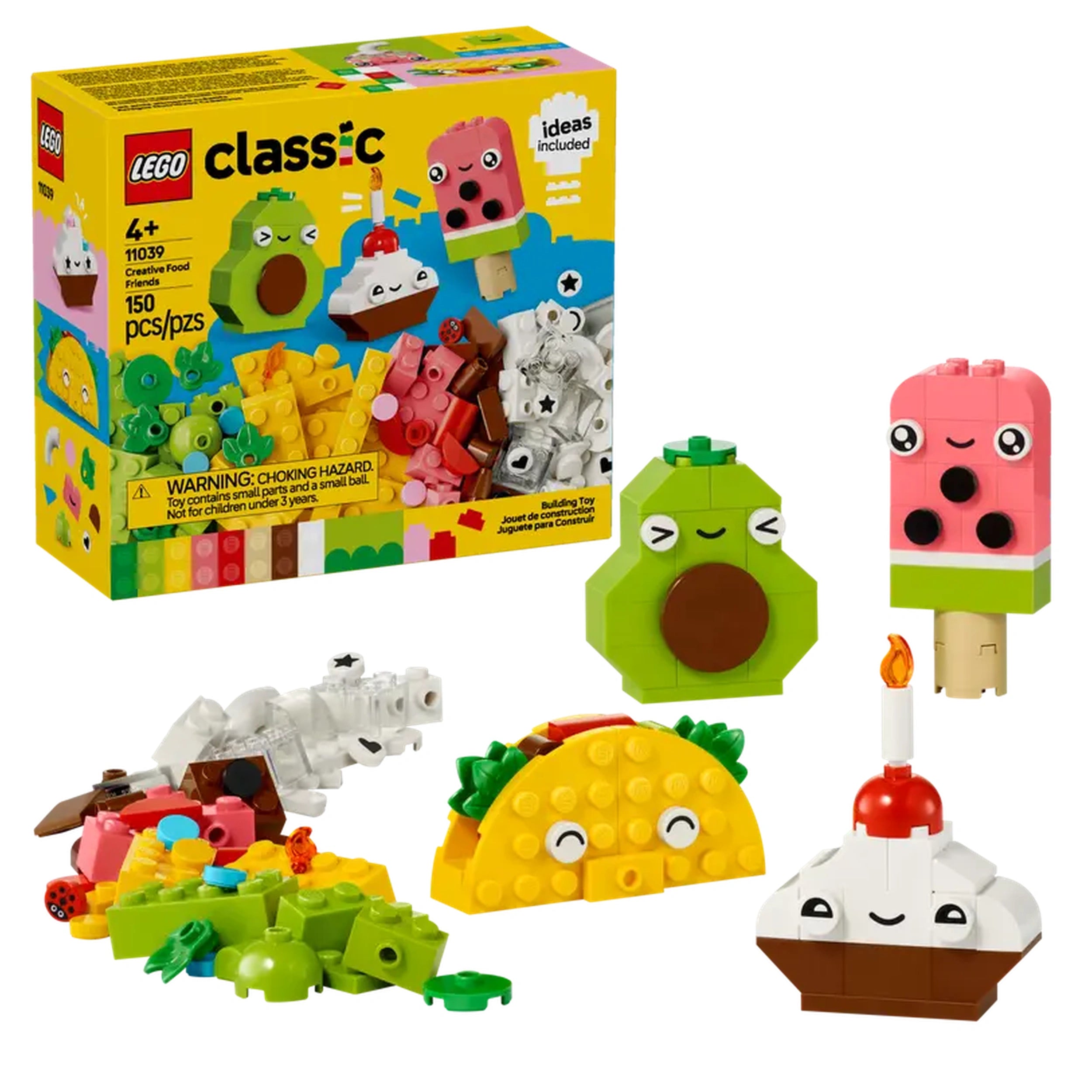 Colorful LEGO Classic Creative Food Friends set features adorable food characters: a taco, ice cream, cupcake, and avocado, arranged next to the vibrant box.