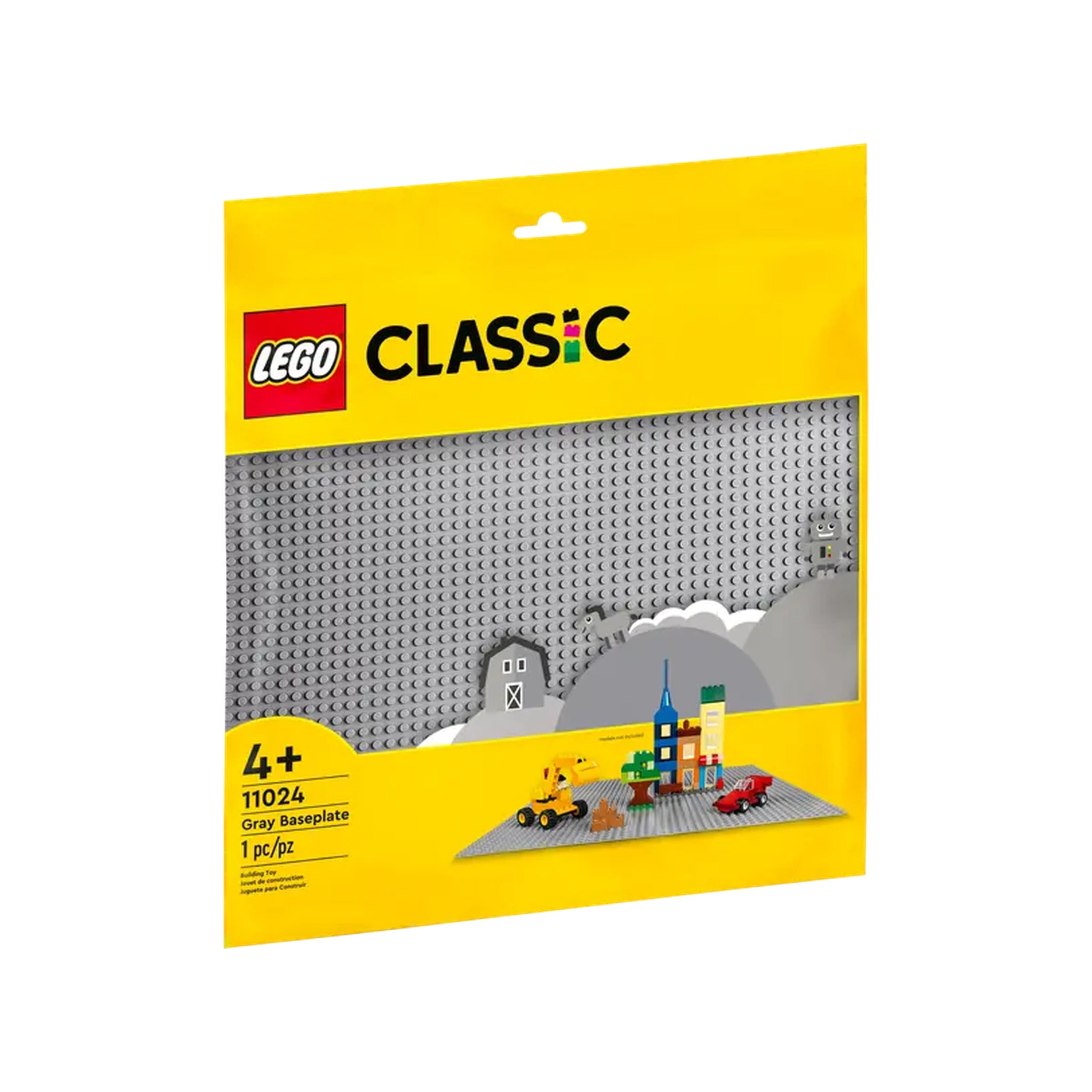 LEGO Classic Gray Baseplate (11024) in yellow packaging, showcasing a 48x48 stud base with colorful building blocks and scenes.