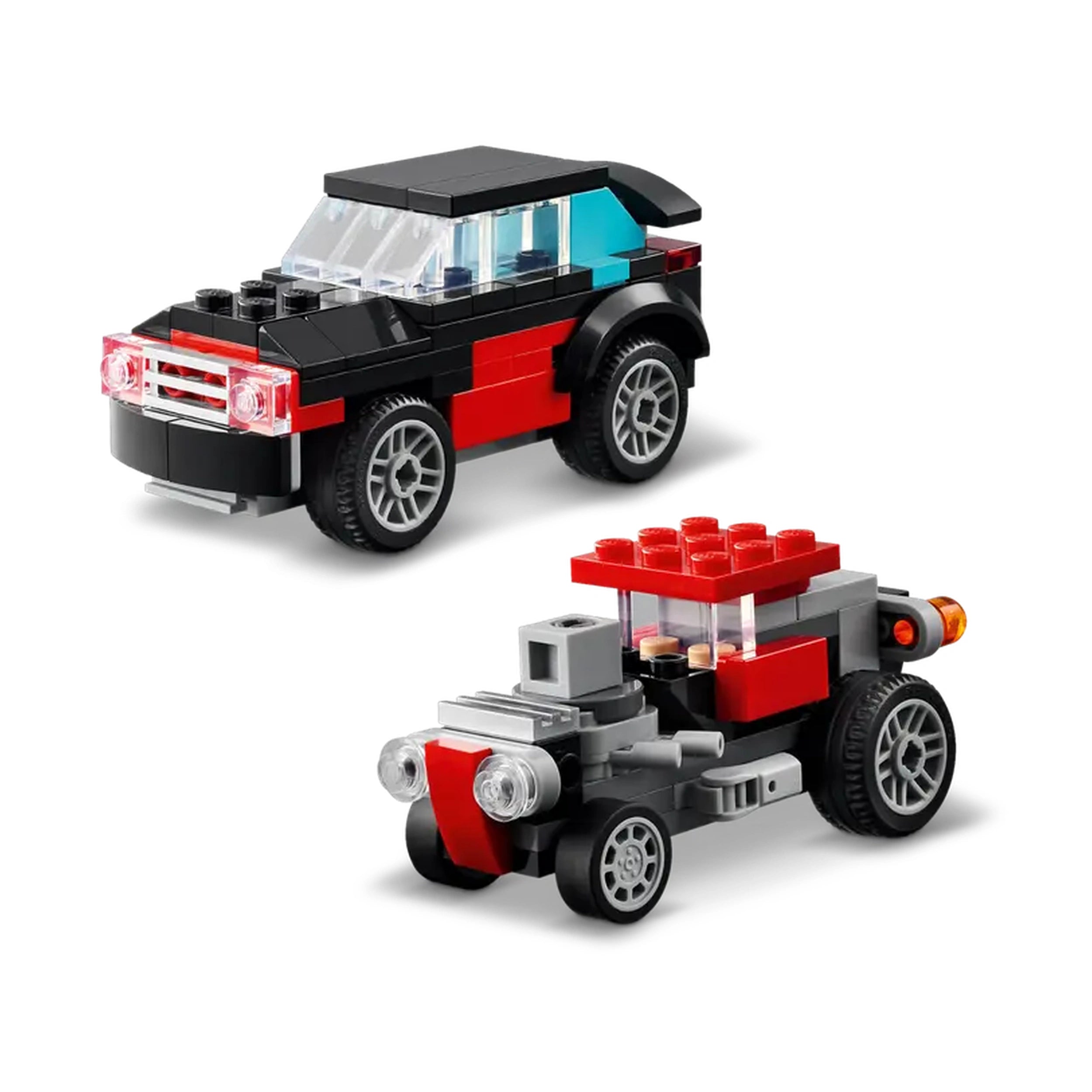 Two LEGO® Creator model cars: one in black and red with a sleek design and clear windows, and a second classic car in grey and red with an exposed engine, both showcasing intricate detailing and movable wheels.
