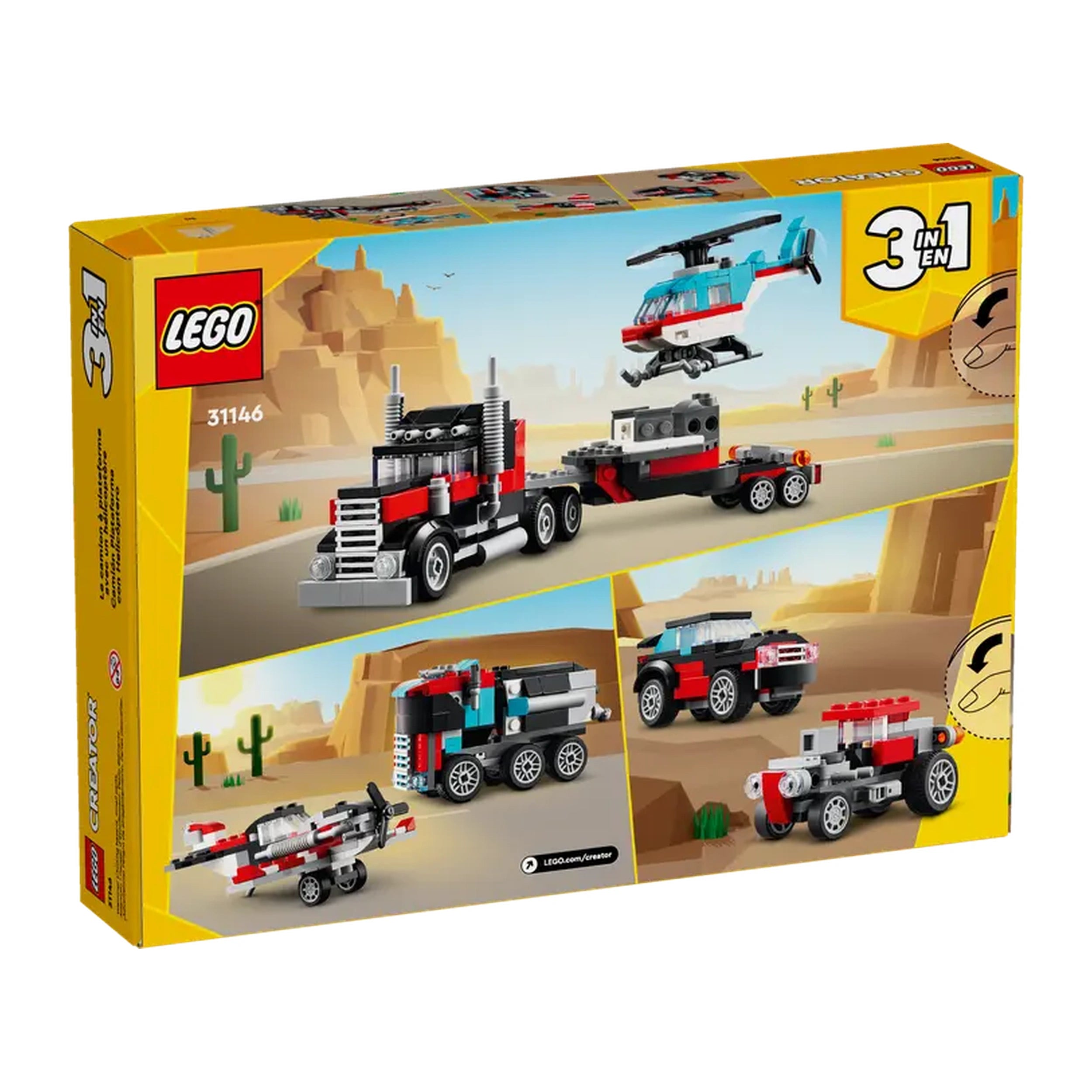 LEGO® Creator Flatbed Truck with Helicopter set box showing a red and gray truck, helicopter, and alternate builds against a desert backdrop.