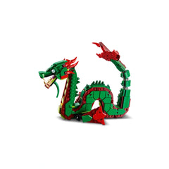 Majestic green dragon figure constructed from LEGO bricks, featuring red accents, posable limbs, and a detailed face with sharp teeth.