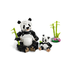 Adorable LEGO Creator Panda Family set featuring a large, posable adult panda and a smaller baby panda, both surrounded by bamboo shoots and flowers.