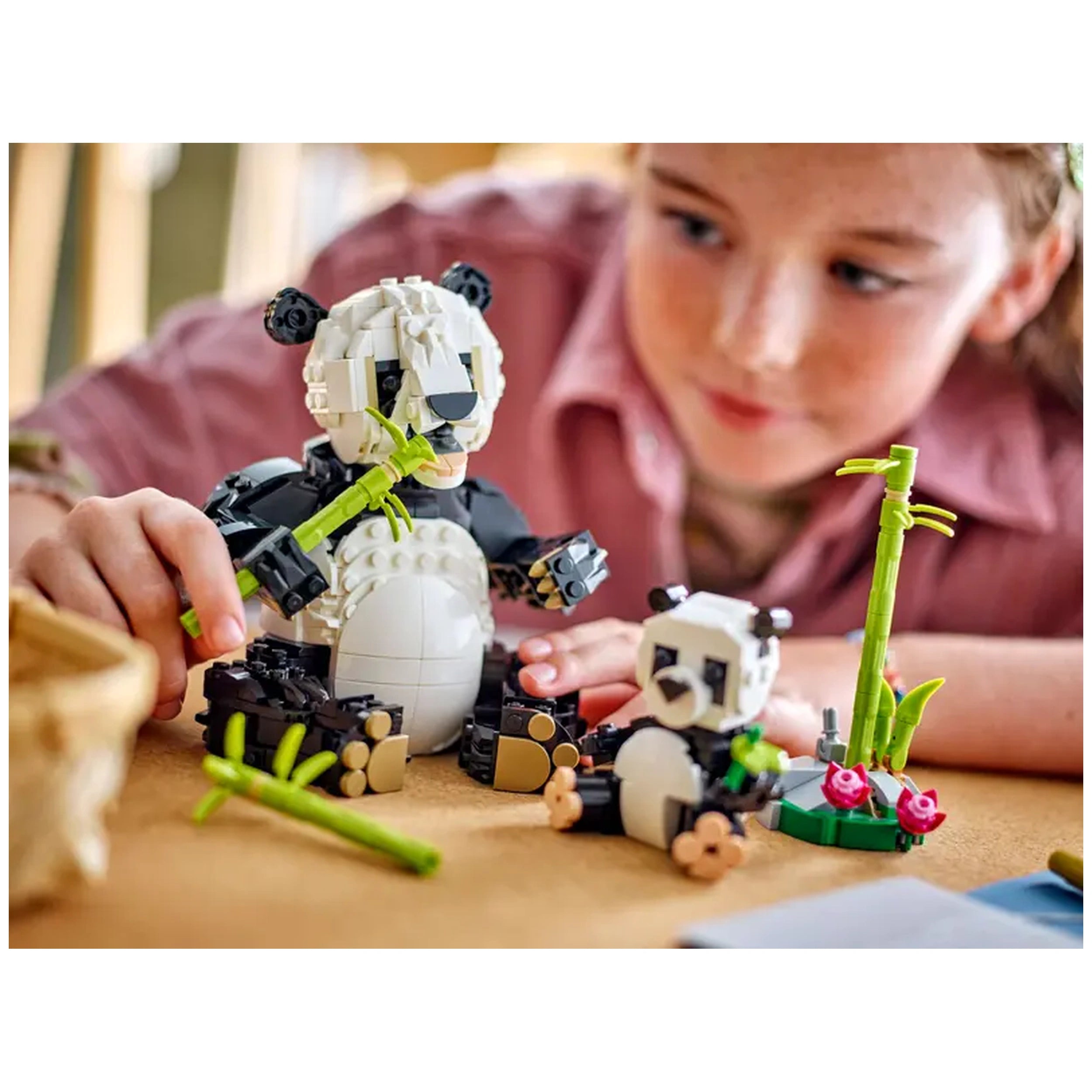 A child interacting with a LEGO Creator Panda Family set, featuring a posable adult panda and a smaller panda, both surrounded by bamboo shoots and colorful flowers on a table.