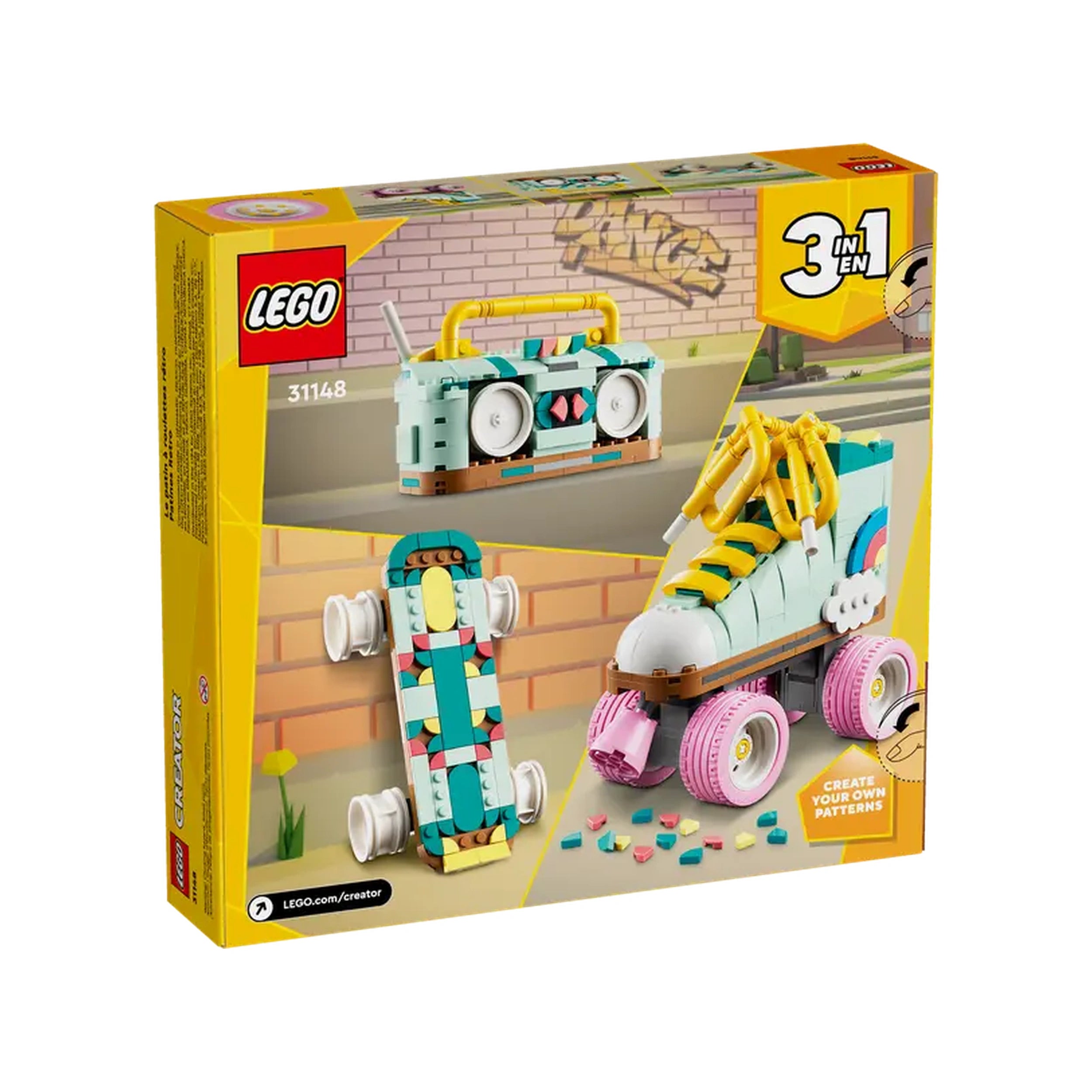 LEGO Creator Retro Roller Skate (31148) construction set box featuring a colorful roller skate, skateboard, and boombox.