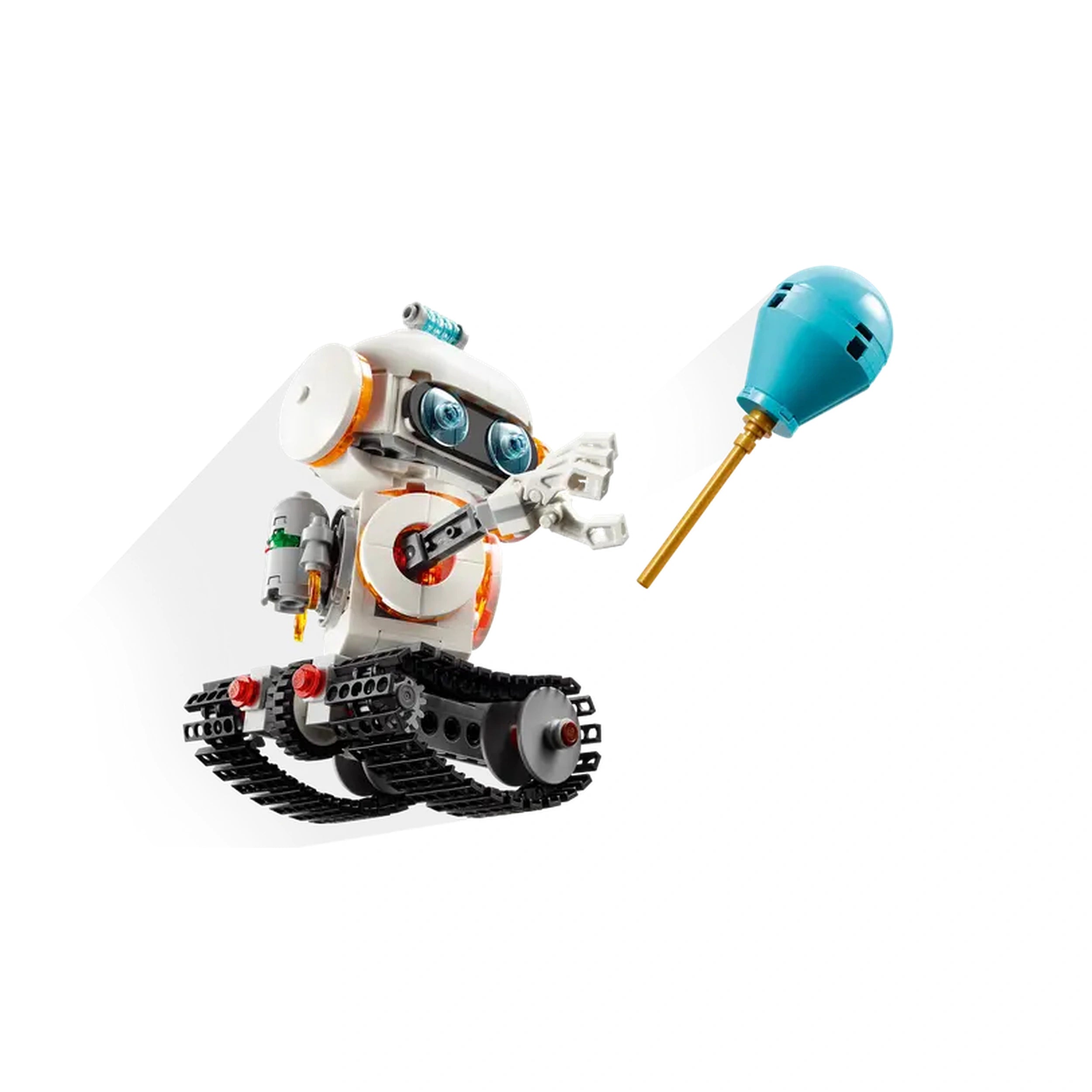 White robotic figure with blue eyes and a rounded head, mounted on tracks, holding a teal disc on a gold stick for imaginative play.