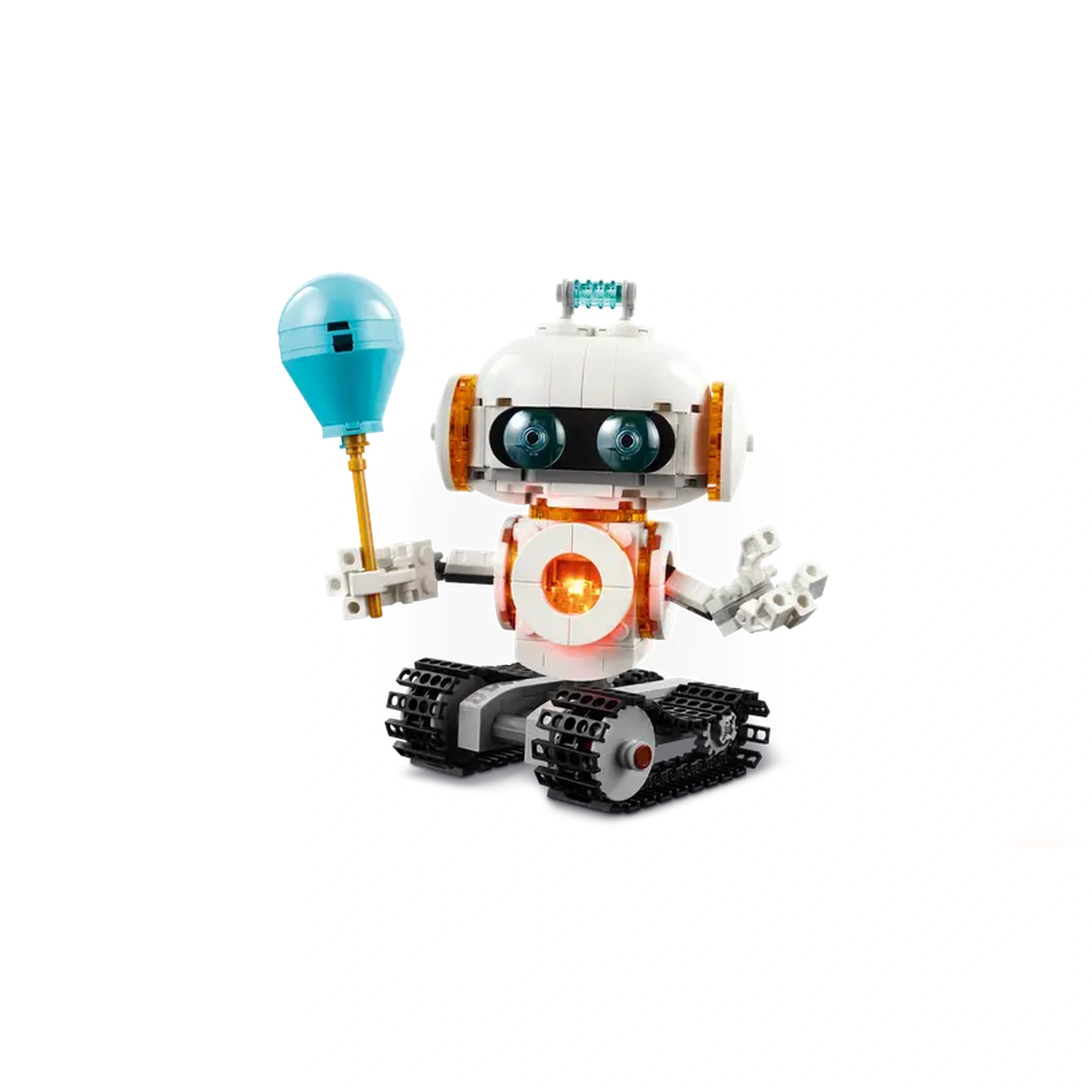 A colorful LEGO Creator 3in1 Space Robot, featuring a light-up chest, posable arms, and a blue accessory in its hand, atop tank tracks.