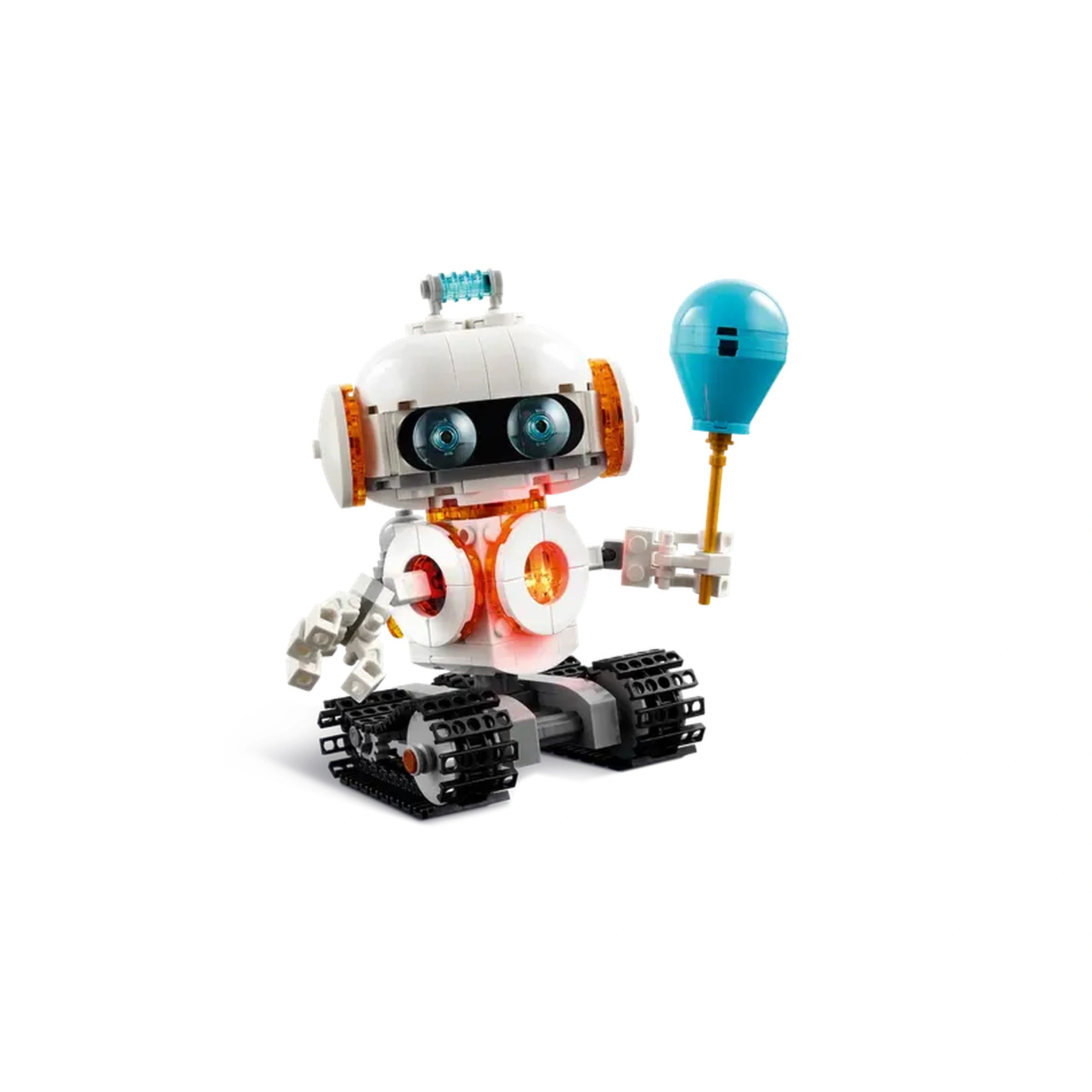 LEGO Creator 3in1 Space Robot with blue light-up chest, orange accents, posable arms, and a blue balloon accessory, standing on tank tracks.