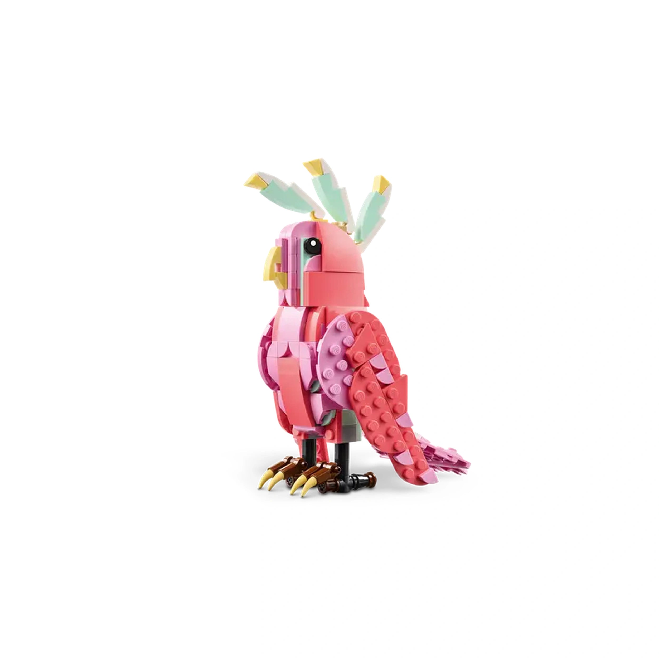 Colorful pink LEGO Creator 3in1 model of a cockatoo, featuring a green crest and posable wings, perched on brown feet.
