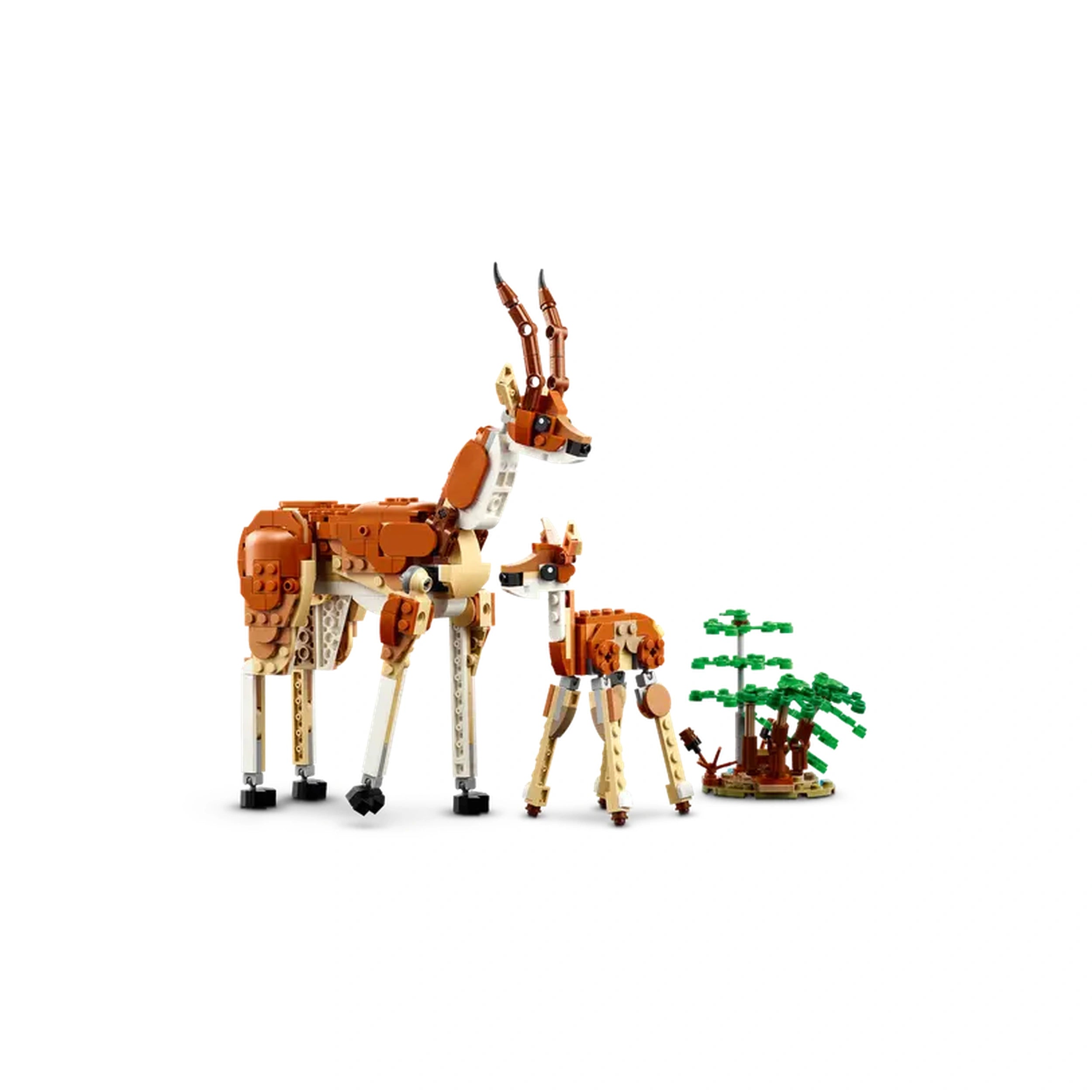 Two LEGO models of a tall giraffe and a smaller fawn, both featuring articulated legs, with a small brick-built tree nearby.