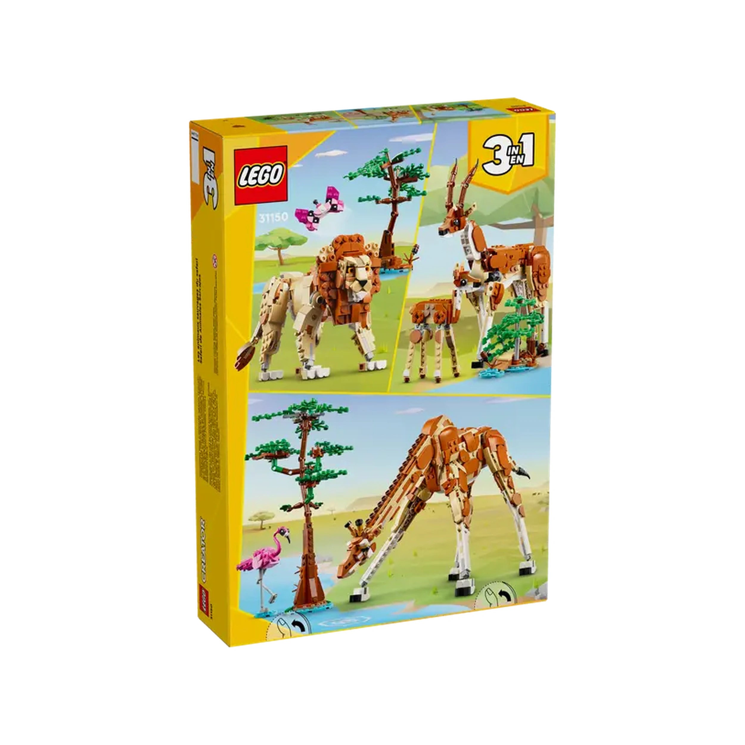 LEGO® Creator Wild Safari Animals set box displays vibrant scenes of a giraffe, lion, and flamingo among trees in a sunny landscape.