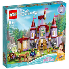 LEGO Disney Belle and the Beast's Castle set packaging featuring the two-story castle, vibrant characters, and accessories including a horse and a cart.