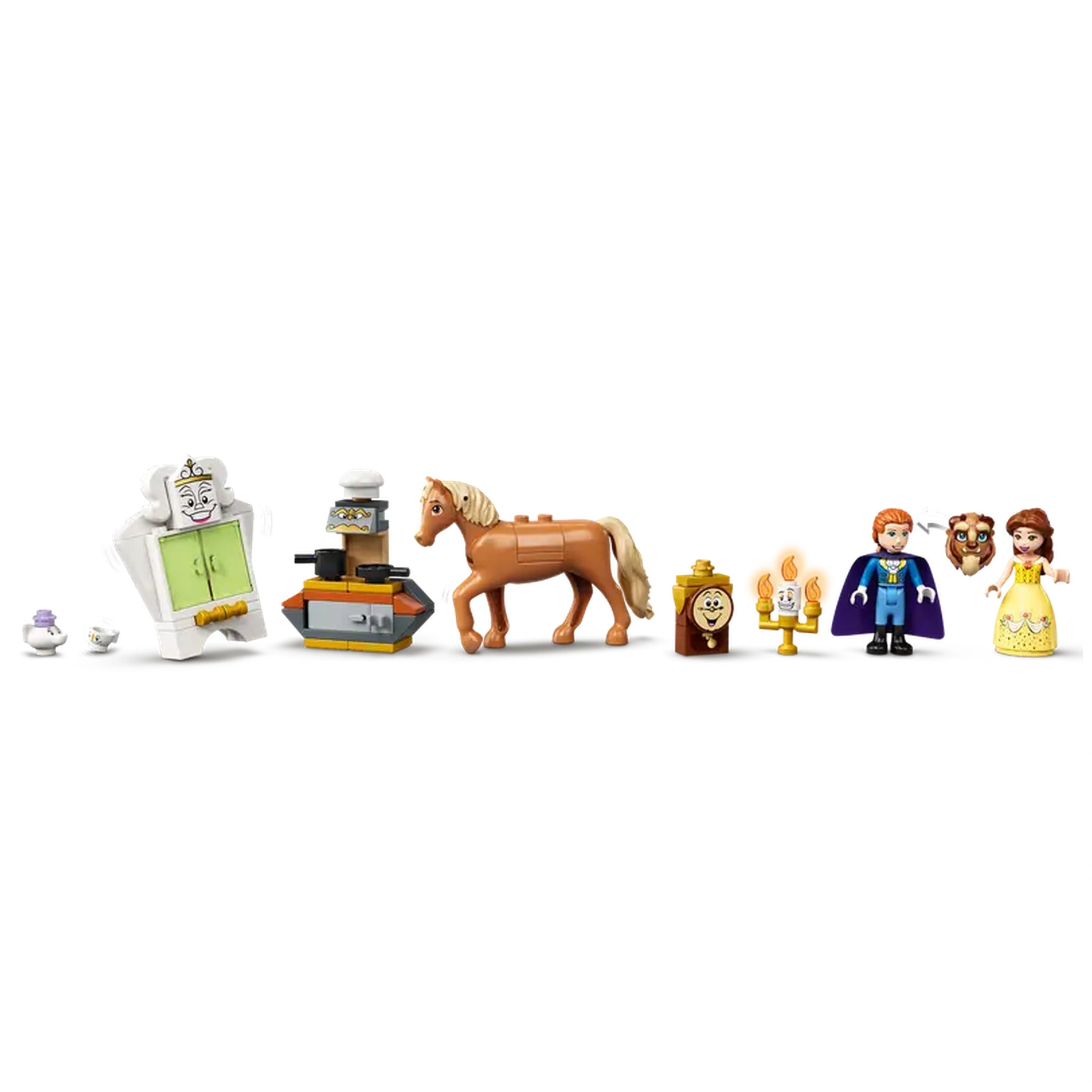 LEGO® Disney Belle and the Beast’s Castle set features Belle, Beast, Philippe the horse, and enchanted objects like Lumière and a teapot.