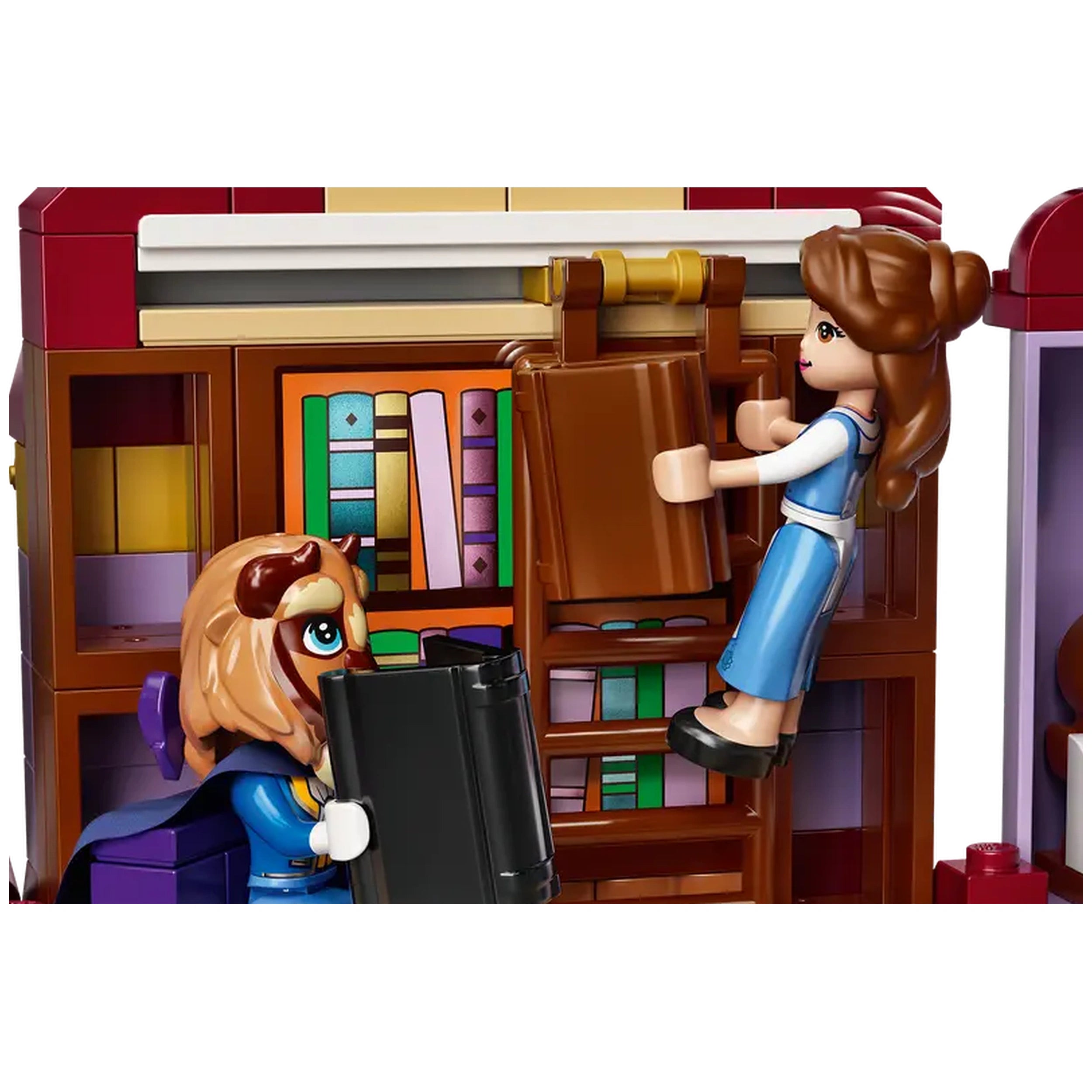 Belle climbs a wooden ladder in a colorful library, holding a brown book, while the Beast stands beside her with a black book. Bookshelves filled with vibrant books create a whimsical background.