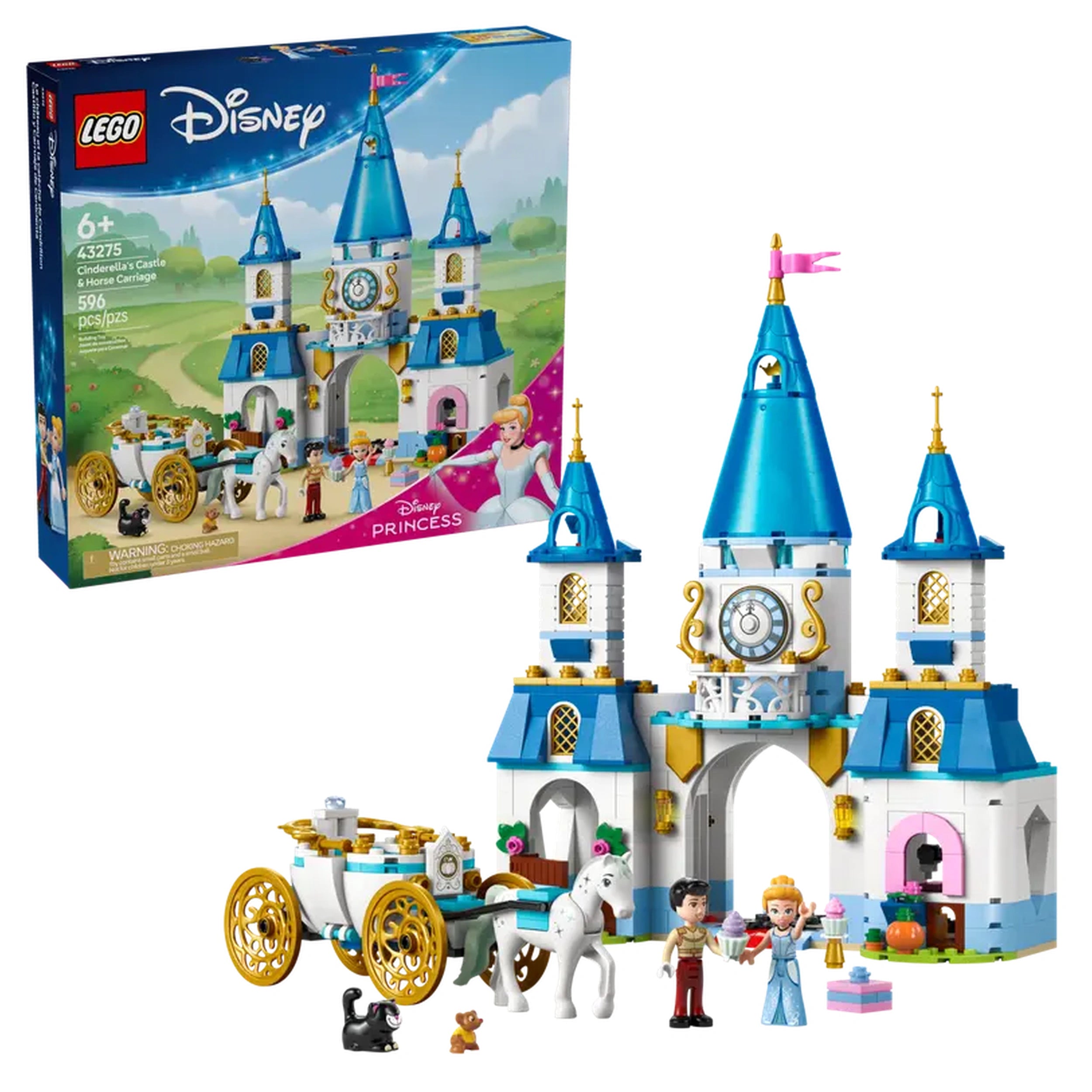 LEGO® Disney Princess Cinderella’s Castle & Horse Carriage set featuring a blue and white castle, horse, and minifigures, set against a vibrant landscape.