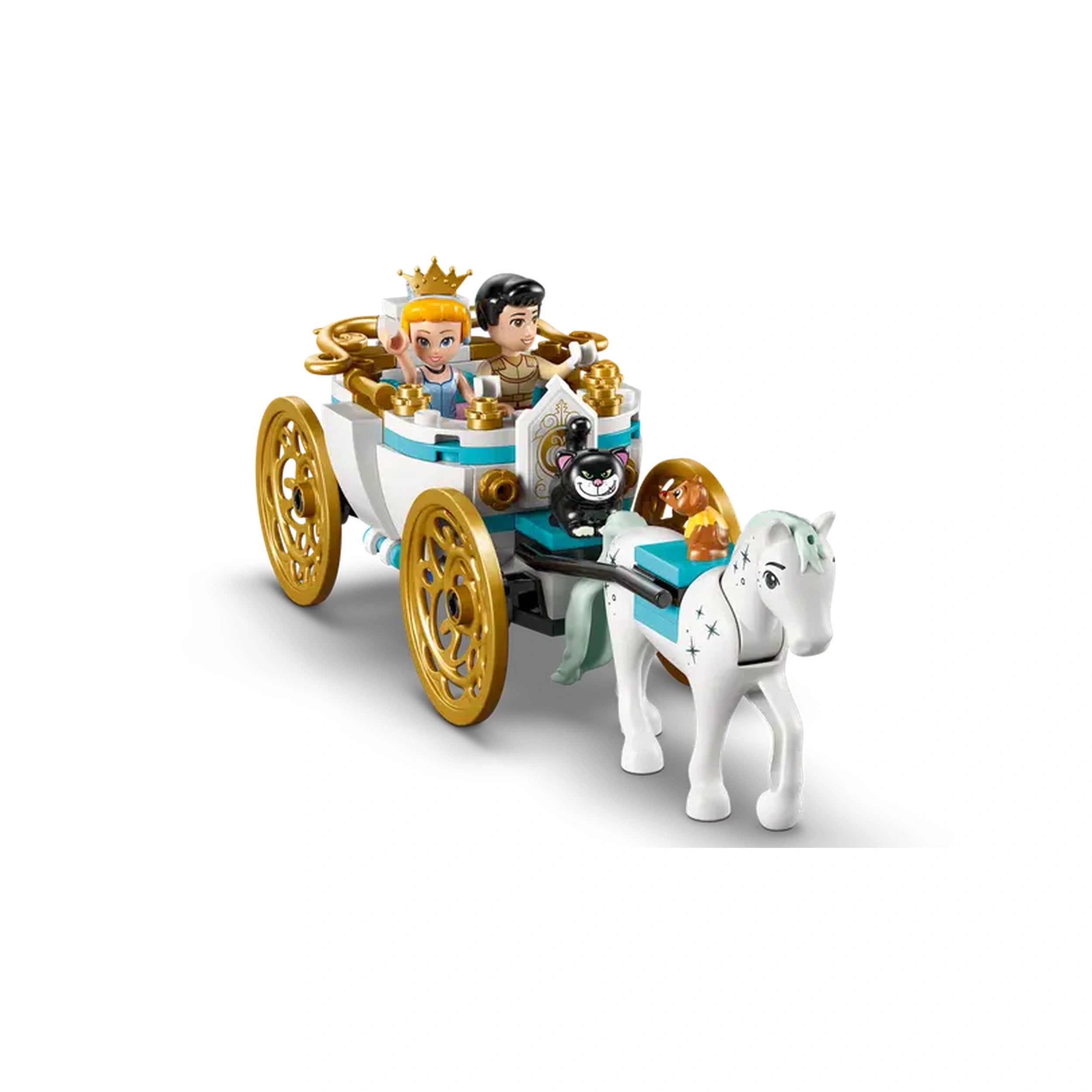 LEGO Disney Princess carriage with Cinderella and Prince Charming inside, pulled by a white horse, featuring gold wheels and playful figures.