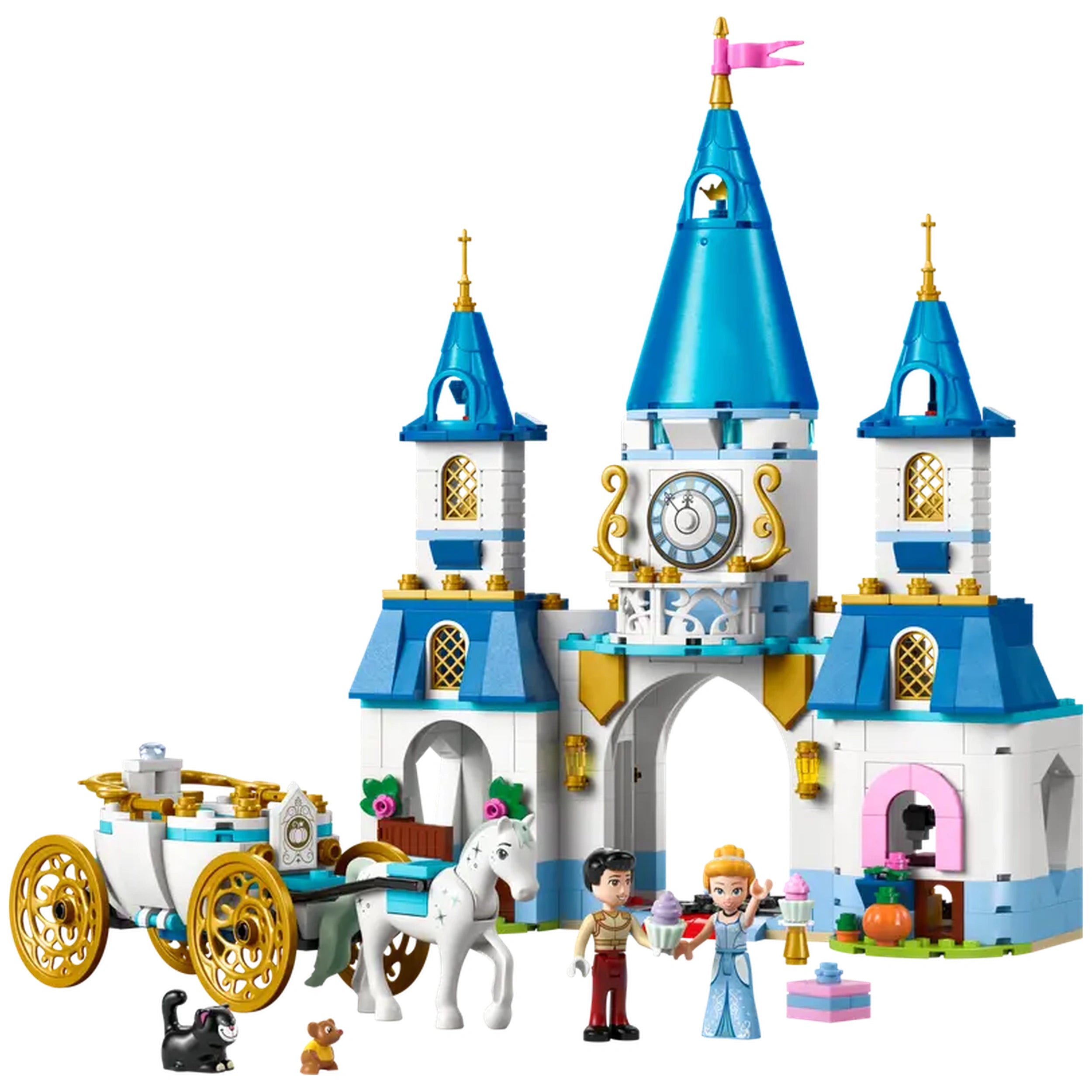 LEGO® Disney Princess Cinderella’s Castle with a blue and white design, featuring Cinderella and a prince holding ice cream, a horse, and a carriage.