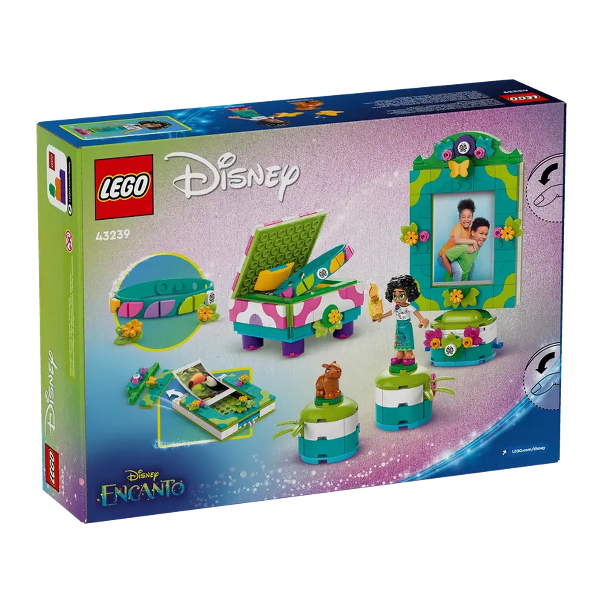 Colorful LEGO® Disney Encanto construction set featuring Mirabel, a jewelry box, photo frame, and a capybara figure.