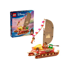 LEGO Disney Moana's Adventure Canoe set with colorful double-hulled canoe, vibrant sail, and mini figures of Moana and friends engaged in imaginative play.