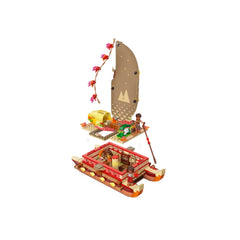 LEGO Disney Moana's Adventure Canoe set, featuring a vibrant double-hulled canoe with a printed sail, removable top deck, and two mini-figures exploring.