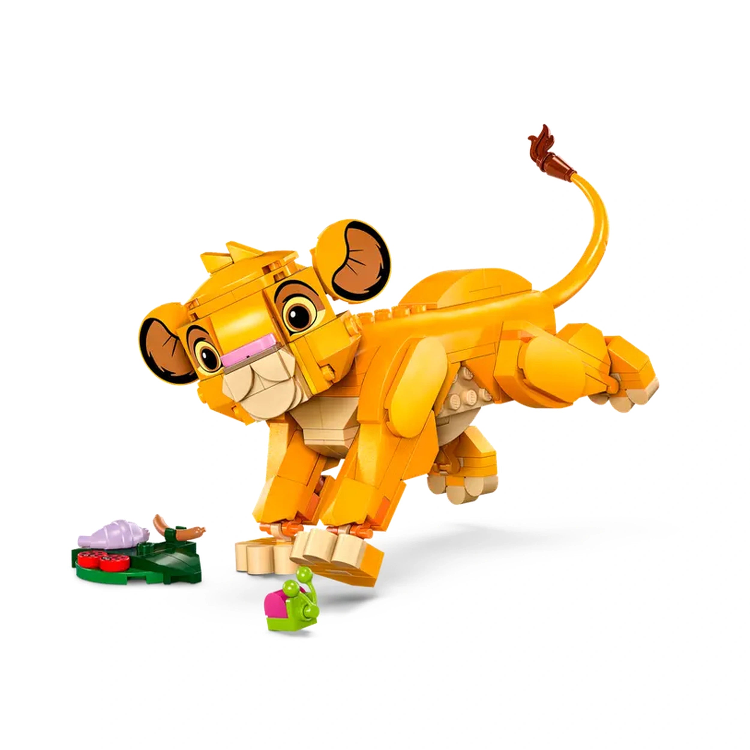 LEGO® Disney Simba from The Lion King, in a playful pose, with movable legs and tail, next to colorful leaf and bug builds.