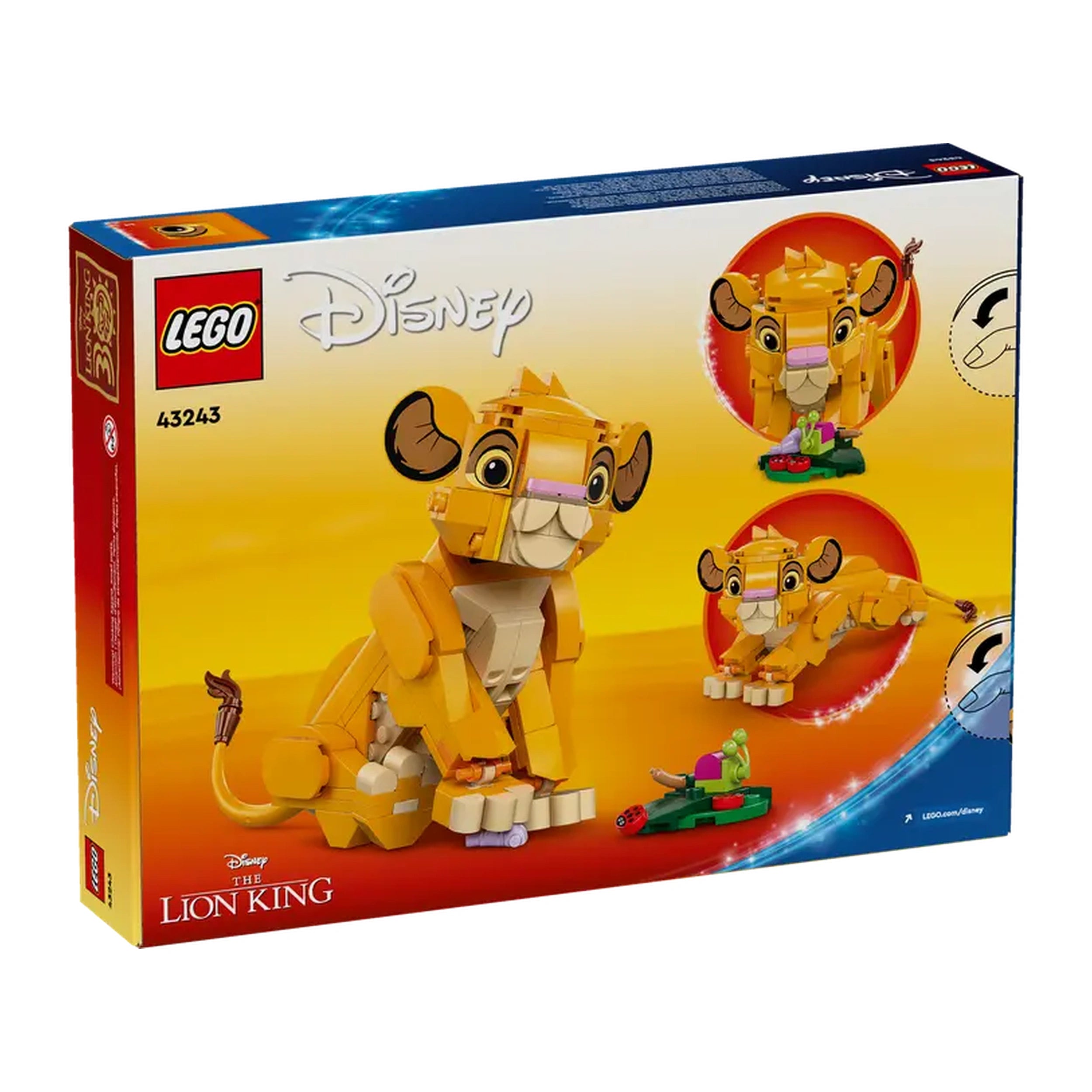 LEGO Disney Simba construction set with a vibrant yellow cub, featuring detailed design and interactive elements, displayed on a colorful box.