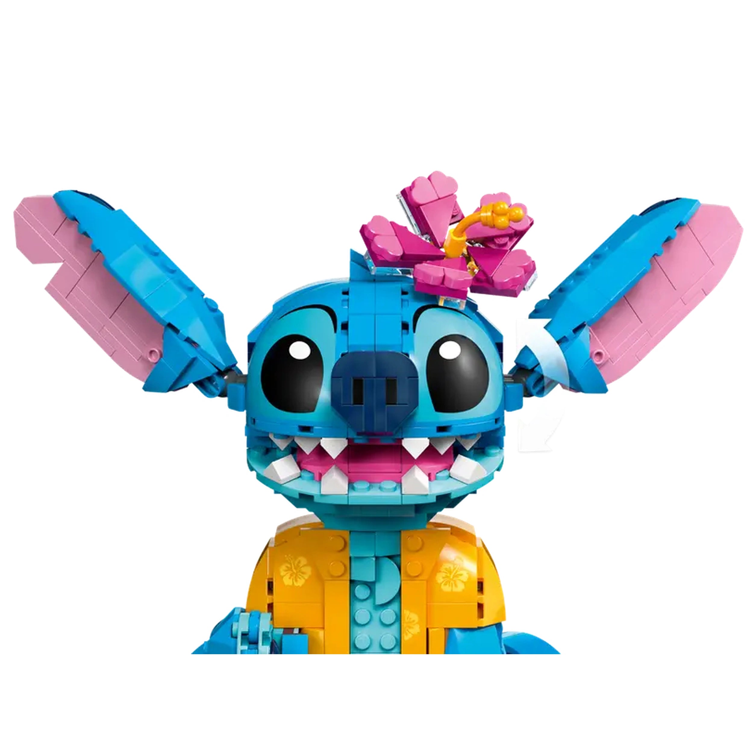 LEGO® Stitch construction set featuring a colorful blue character with pink ears and a flower accessory on his head, wearing a Hawaiian shirt.