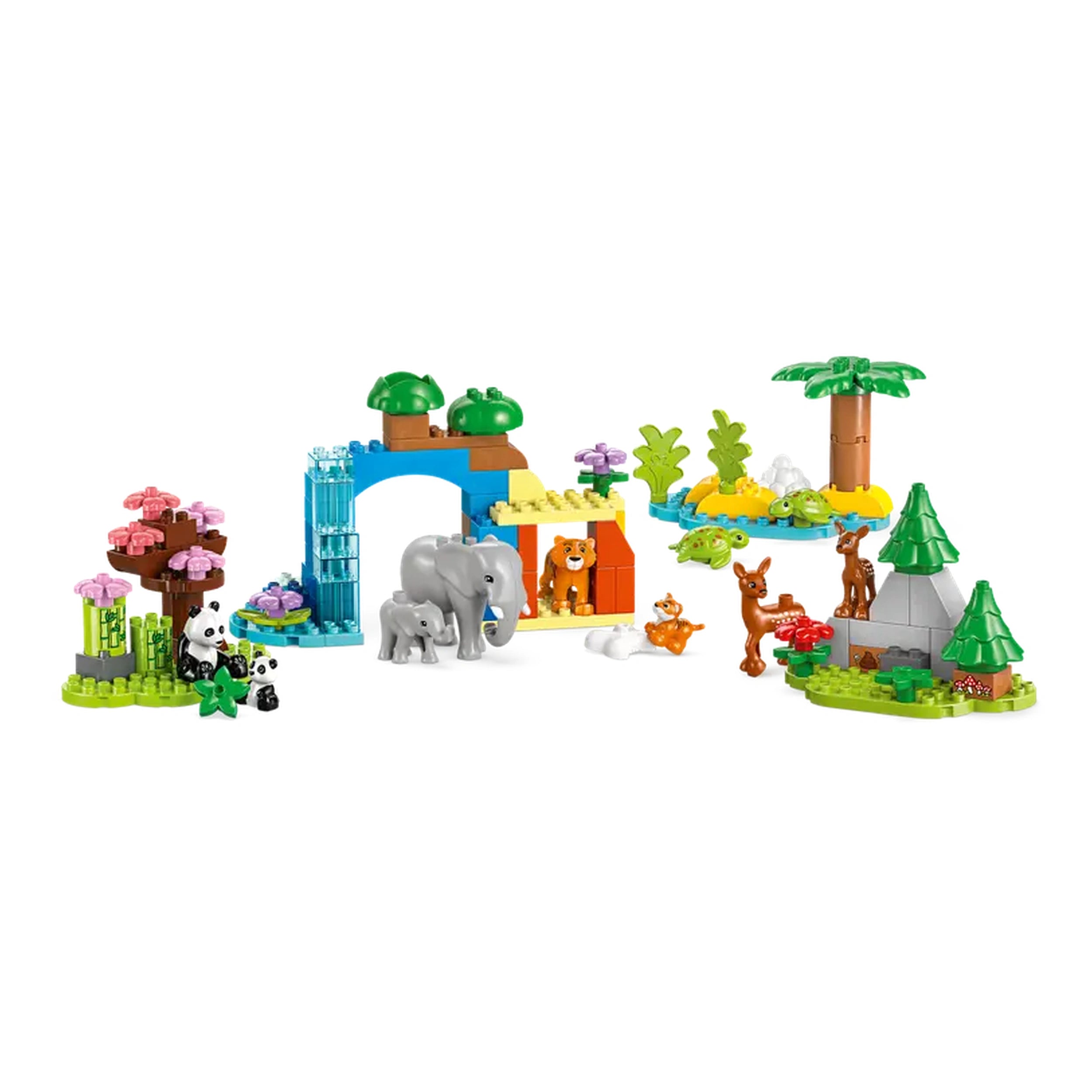 Colorful LEGO® DUPLO® 3in1 Wild Animal Families construction set featuring an elephant with its calf, a playful lion, and various animal figures among vibrant trees and flowers, set against a serene habitat backdrop.