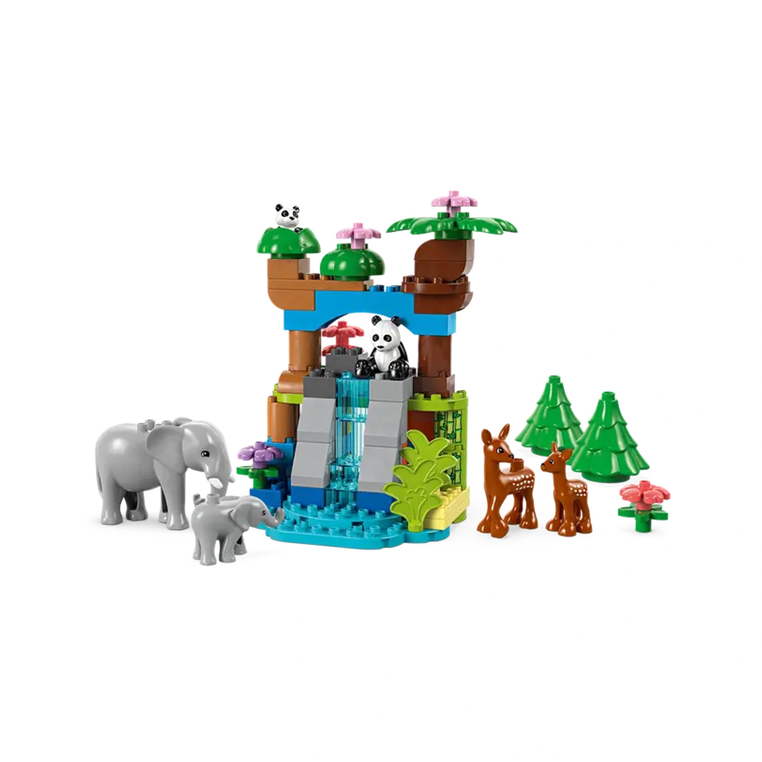 Colorful LEGO® DUPLO® set depicting a lively waterfall scene with an elephant, its calf, two fawns, and playful pandas among green trees and flowers.