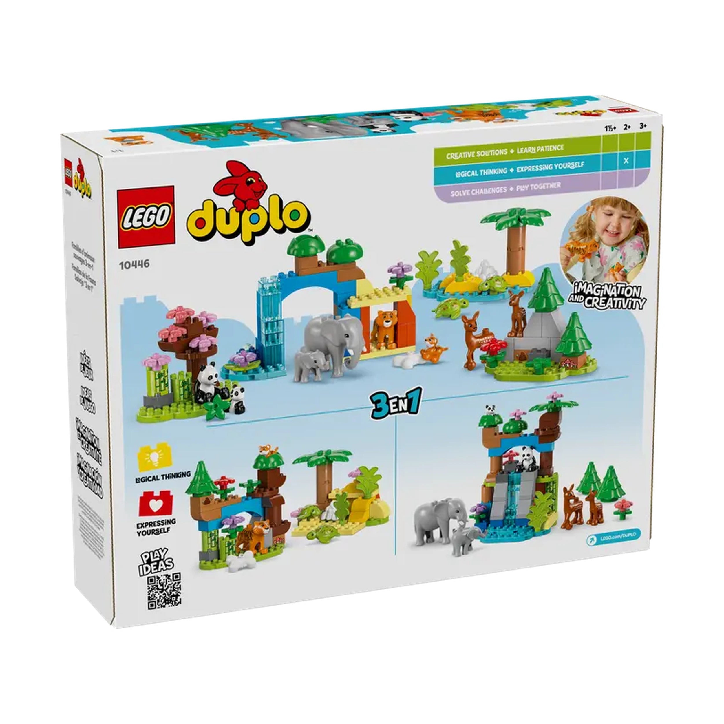 Colorful LEGO® DUPLO® 3in1 Wild Animal Families construction set showing a vibrant savannah scene with various animal figures, including elephants, lions, and a panda, alongside trees and a waterfall, designed for preschoolers' imaginative play.