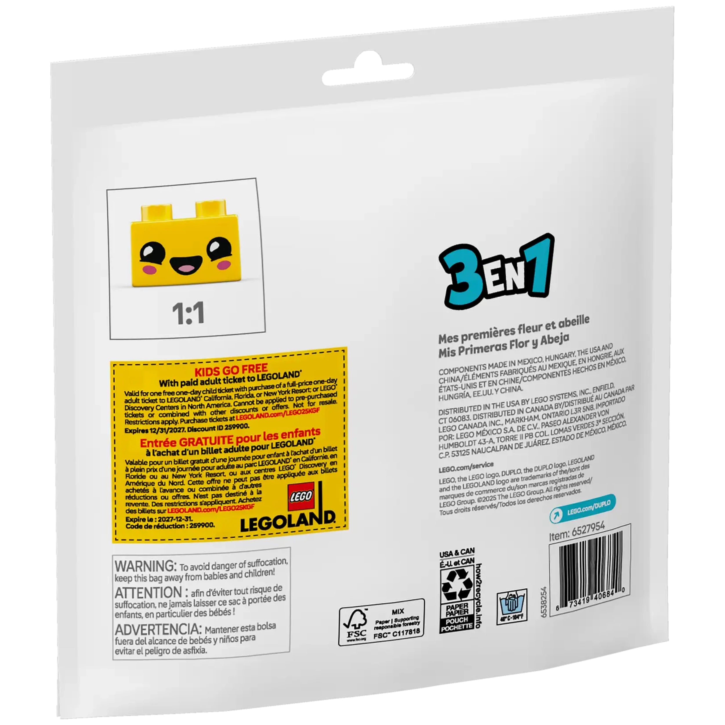 Colorful packaging of the Lego Duplo My First Flower & Bee set, featuring a smiling yellow block design and multilingual text.