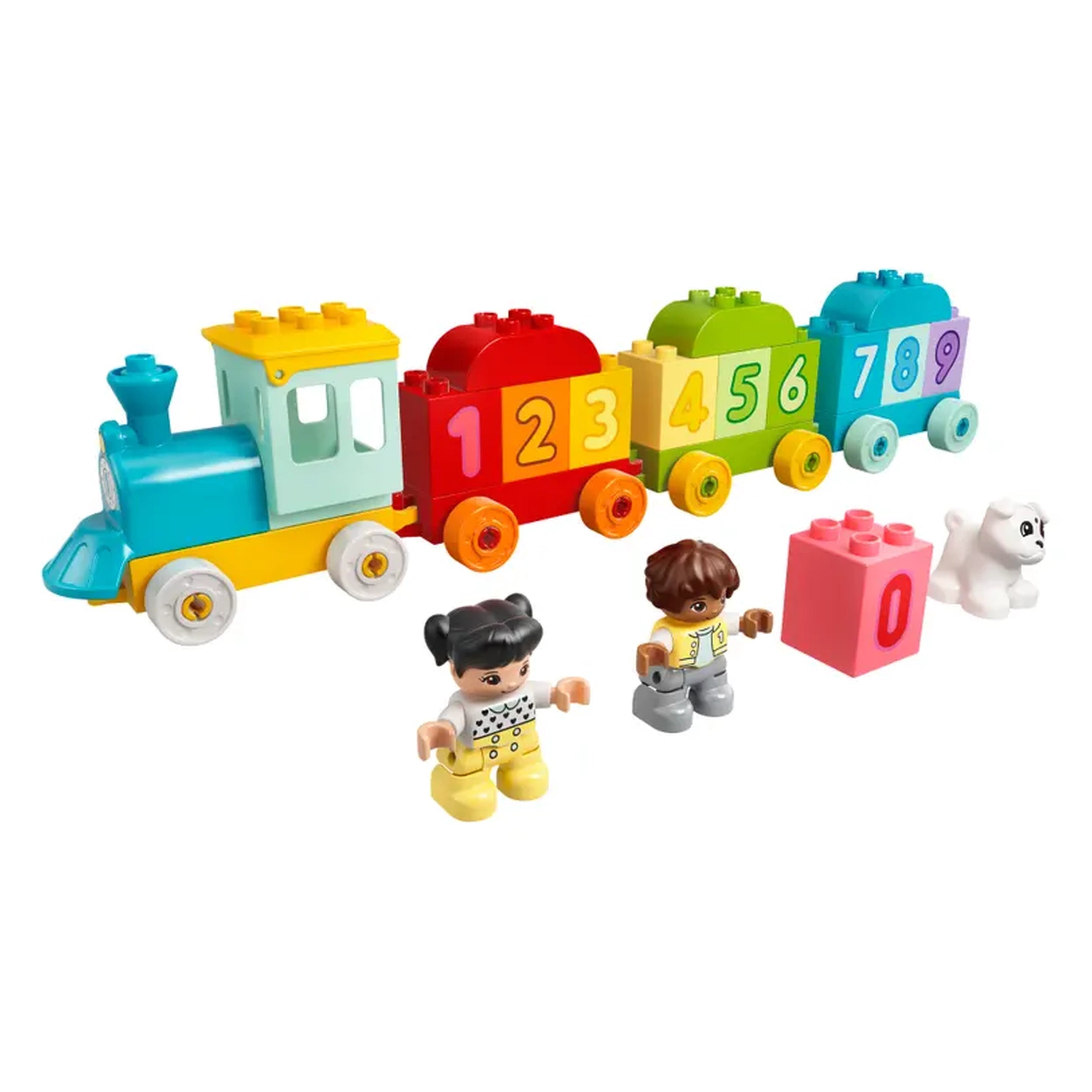 Colorful LEGO® DUPLO® Number Train with 10 numbered bricks, two children figures, a dog, and a pink number zero block for learning.