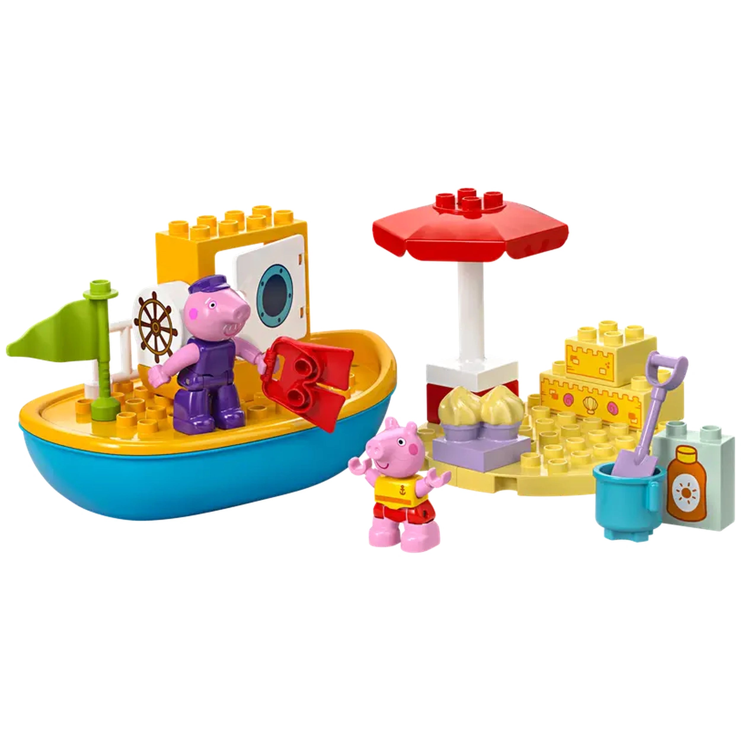 LEGO® DUPLO® Peppa Pig Boat Trip set featuring a colorful toy boat, Peppa Pig figurine in swimwear, and Grandpa Pig holding a life preserver. Beach scene includes an umbrella, buildable sandcastle, and accessories like a bucket and shovel.
