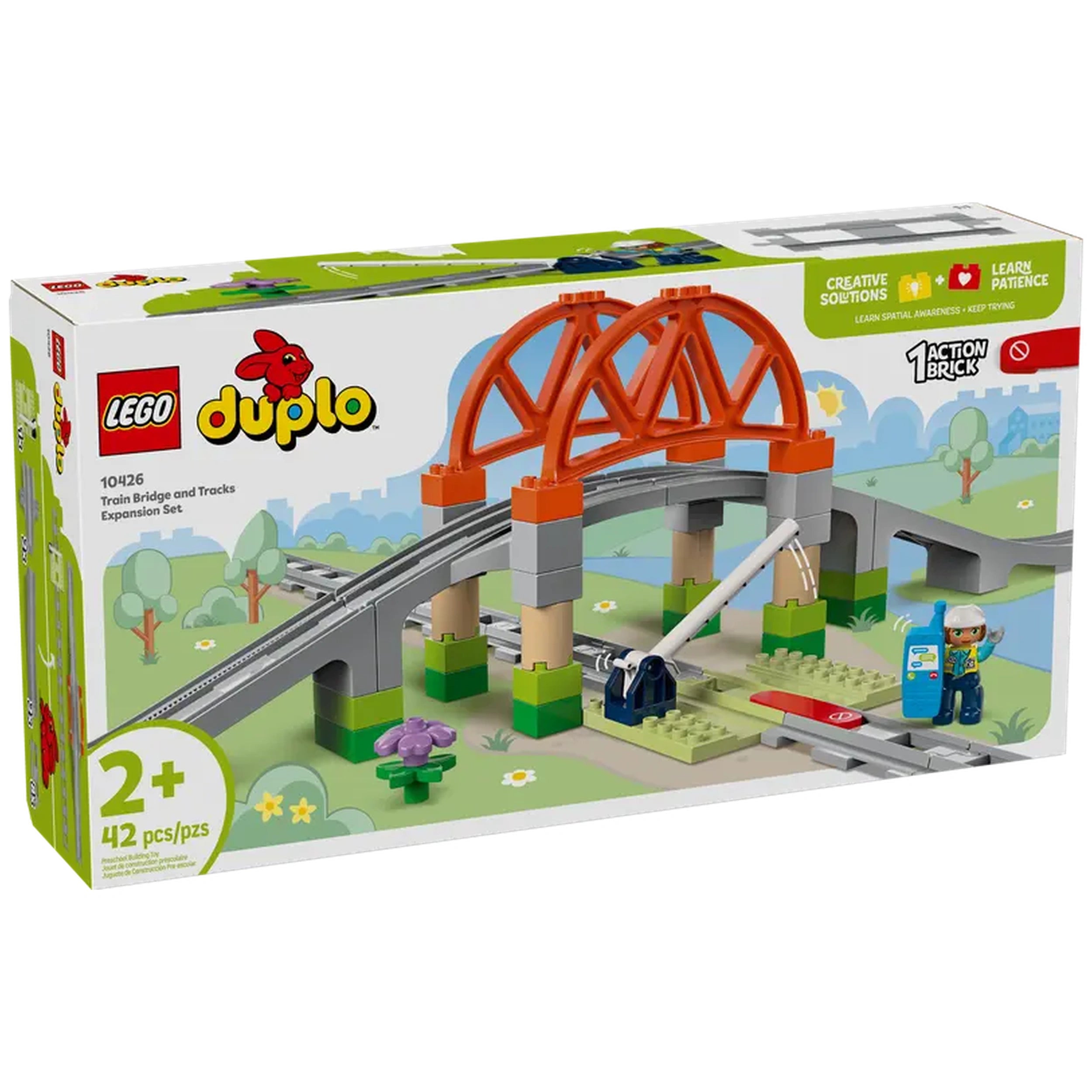 LEGO® DUPLO® Train Bridge and Tracks Expansion Set featuring an orange bridge, tracks, and a construction worker with tools.