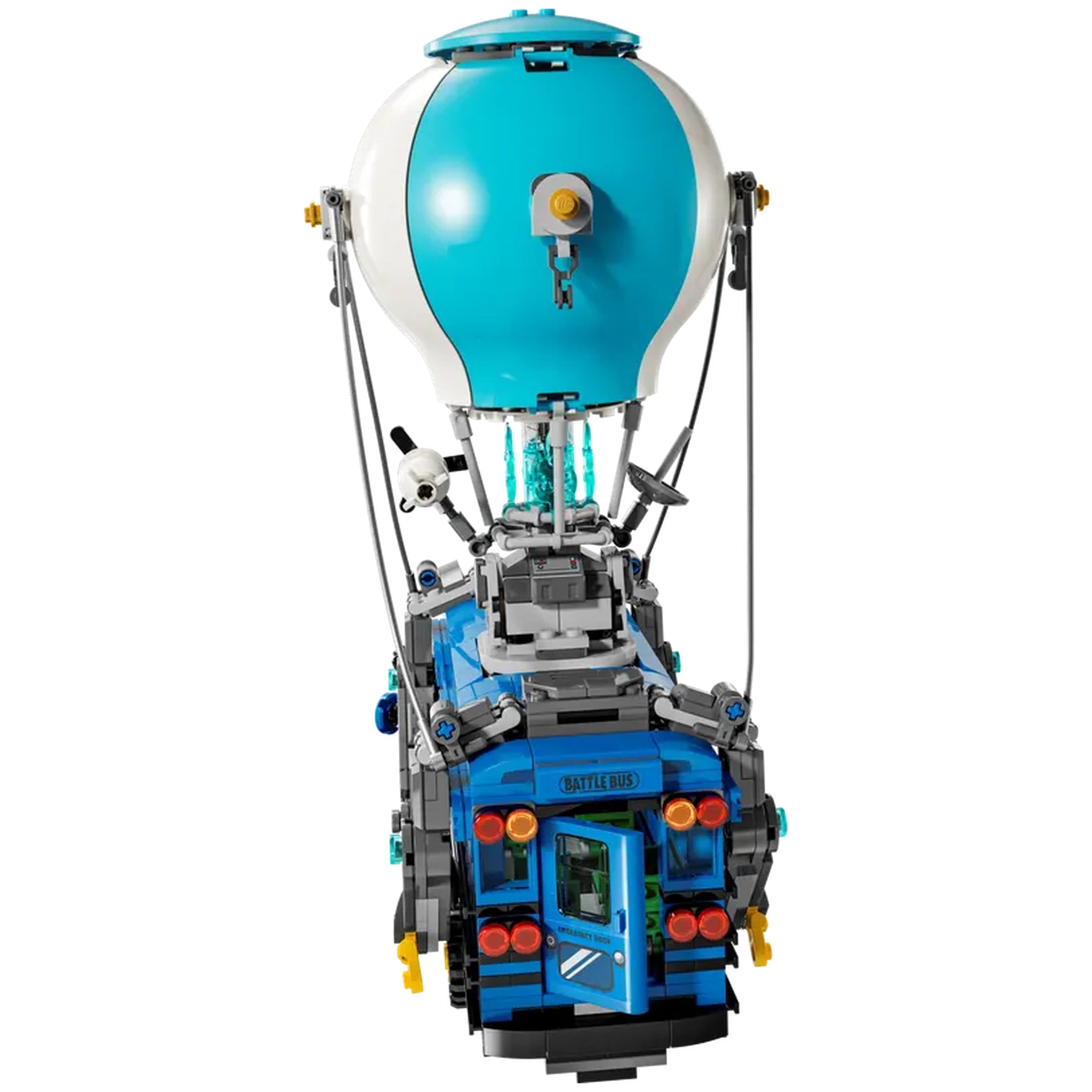 LEGO Fortnite Battle Bus construction set featuring a vibrant blue bus with a large turquoise hot-air balloon, detailed elements, wheels, and a removable roof for interactive play.