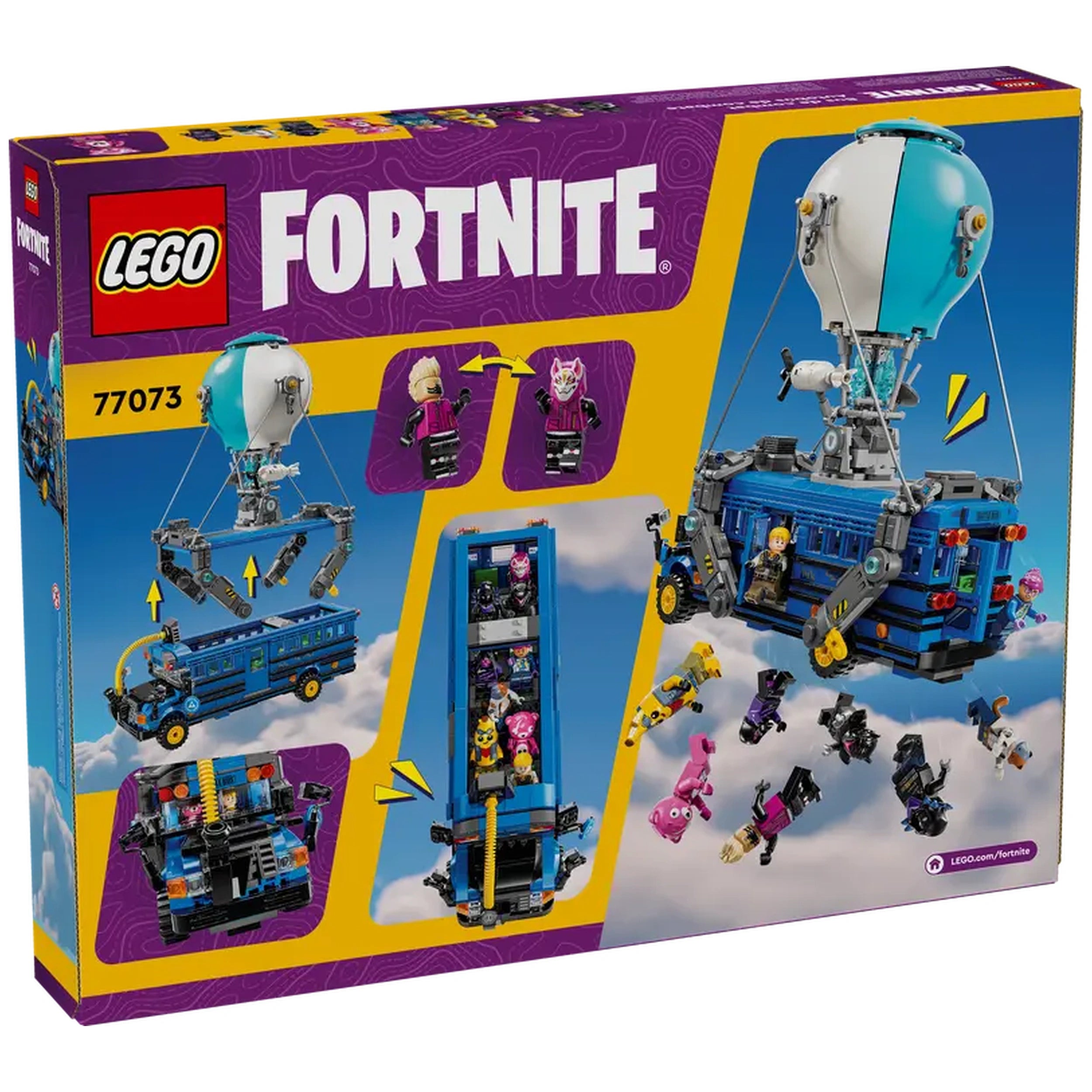 LEGO Fortnite Battle Bus construction set displayed on a colorful box, featuring a hot-air balloon and multiple mini-figures in action.