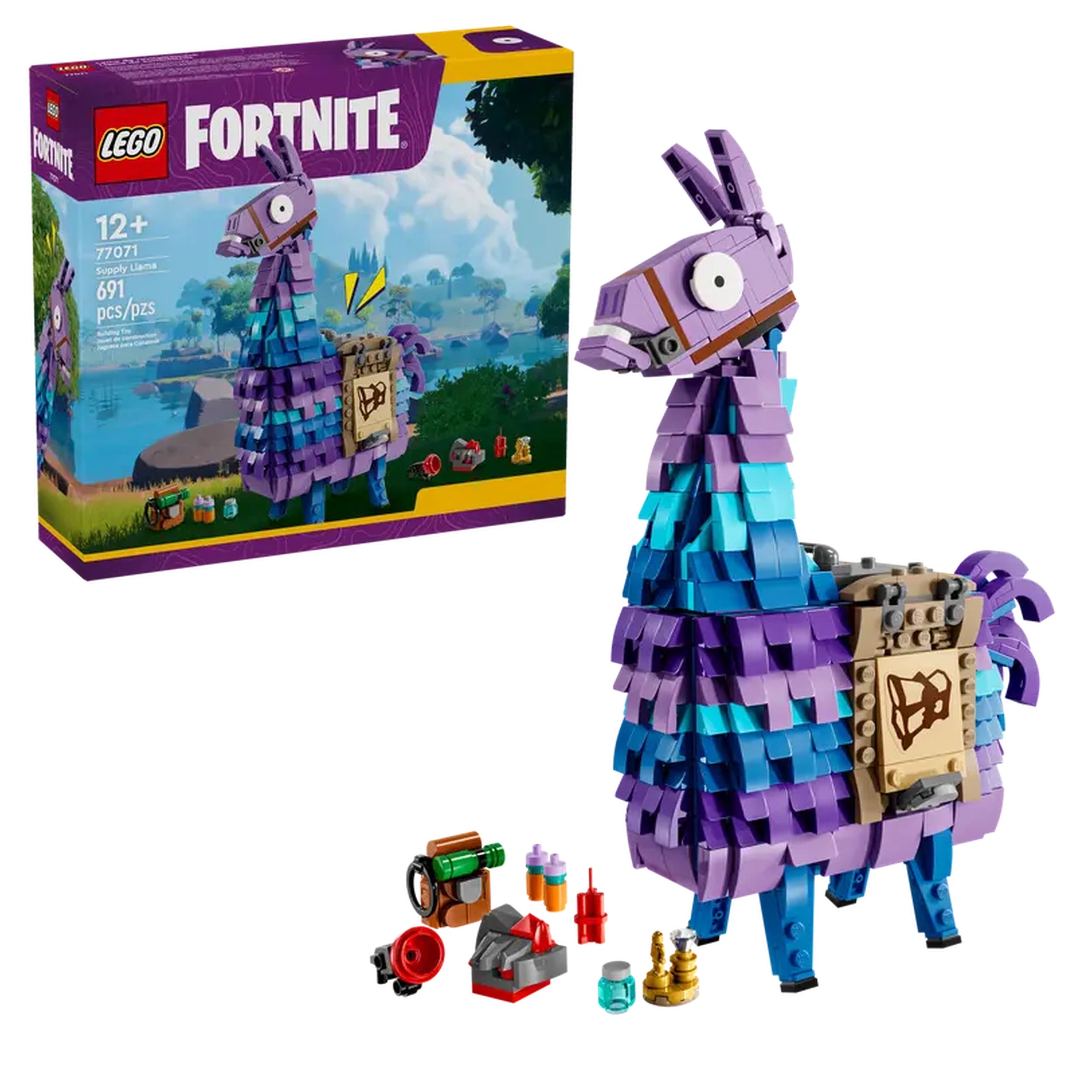 LEGO Fortnite Supply Llama construction set features a colorful, pixelated llama figure with a movable head, accompanied by various accessories like a Grappler and Slurp Juice, set against a vibrant gaming backdrop.