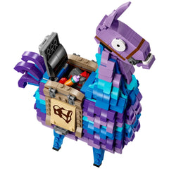LEGO Fortnite Supply Llama construction set featuring a colorful, pixelated llama with a movable head, open mouth, and access to various accessories inside.
