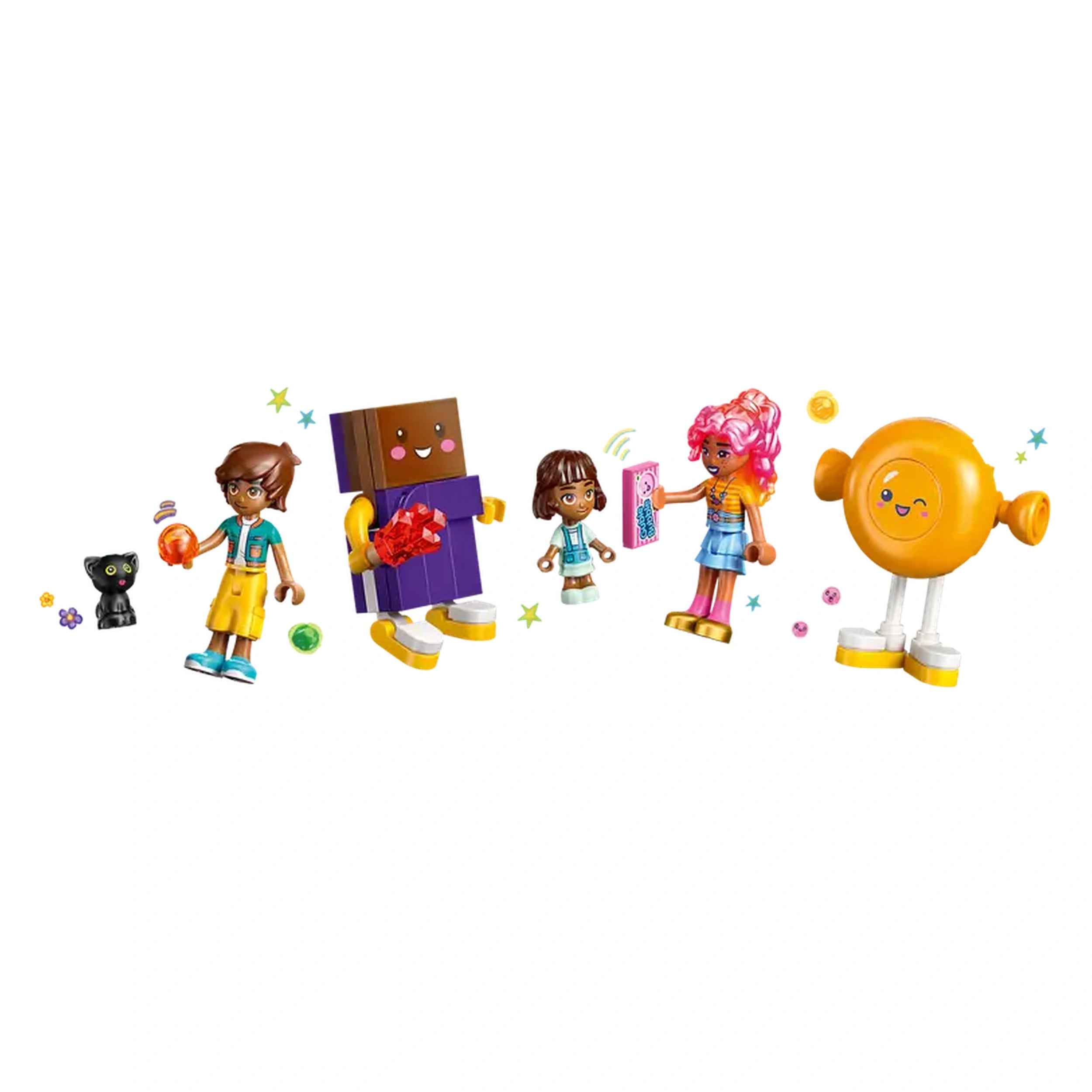 Five colorful LEGO® Friends characters stand together in a playful scene. A boy in a yellow outfit holds a red candy, a blocky character sports a smiling face, a girl in a blue dress holds a pink item, another girl with pink hair waves, and a cheerful round figure resembles a candy. A small black cat adds charm, with colorful bubbles and stars surrounding them, creating a fun, imaginative atmosphere.