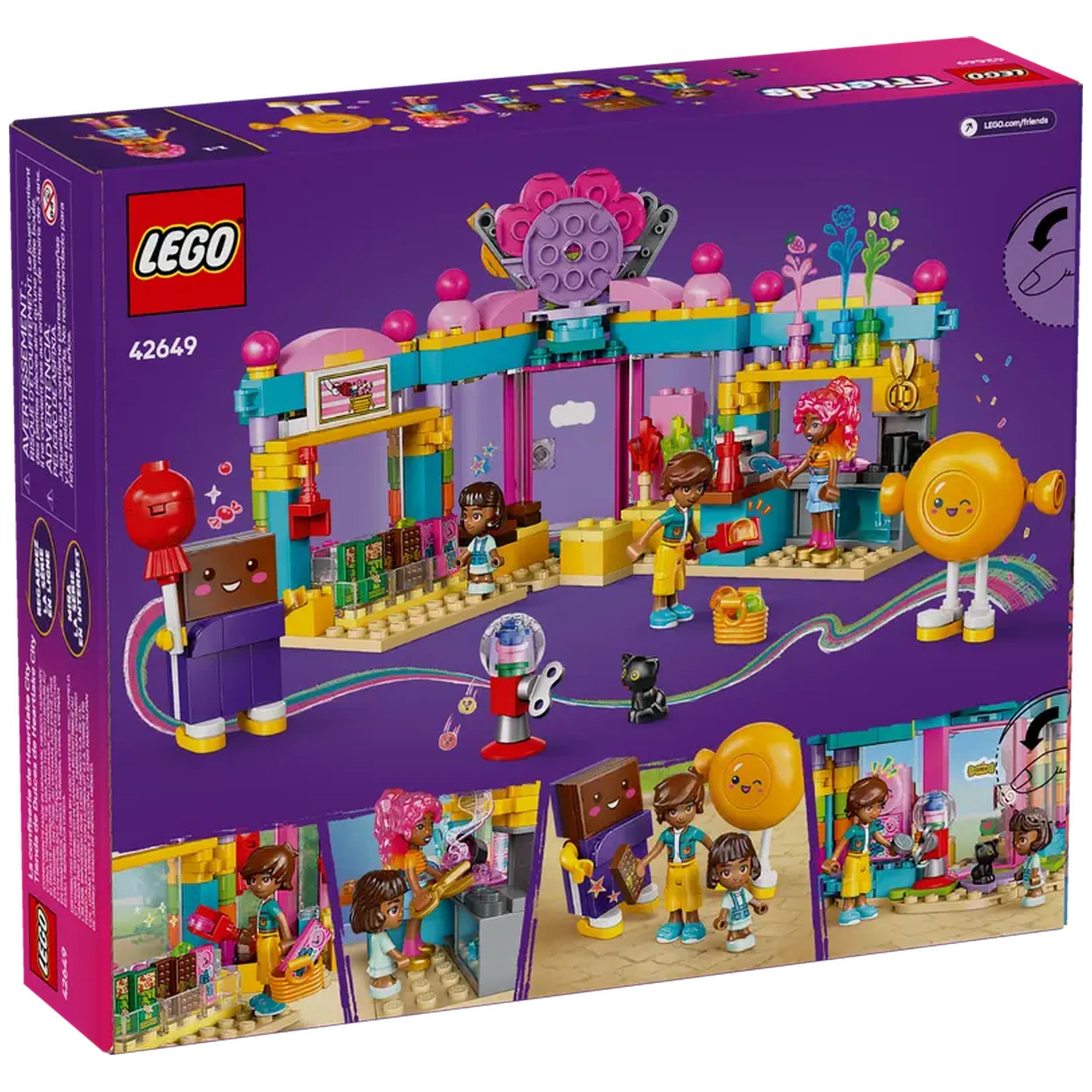 Colorful LEGO® Friends Heartlake City Candy Store set featuring two mini-dolls, a micro-doll, and a playful cat figure.
