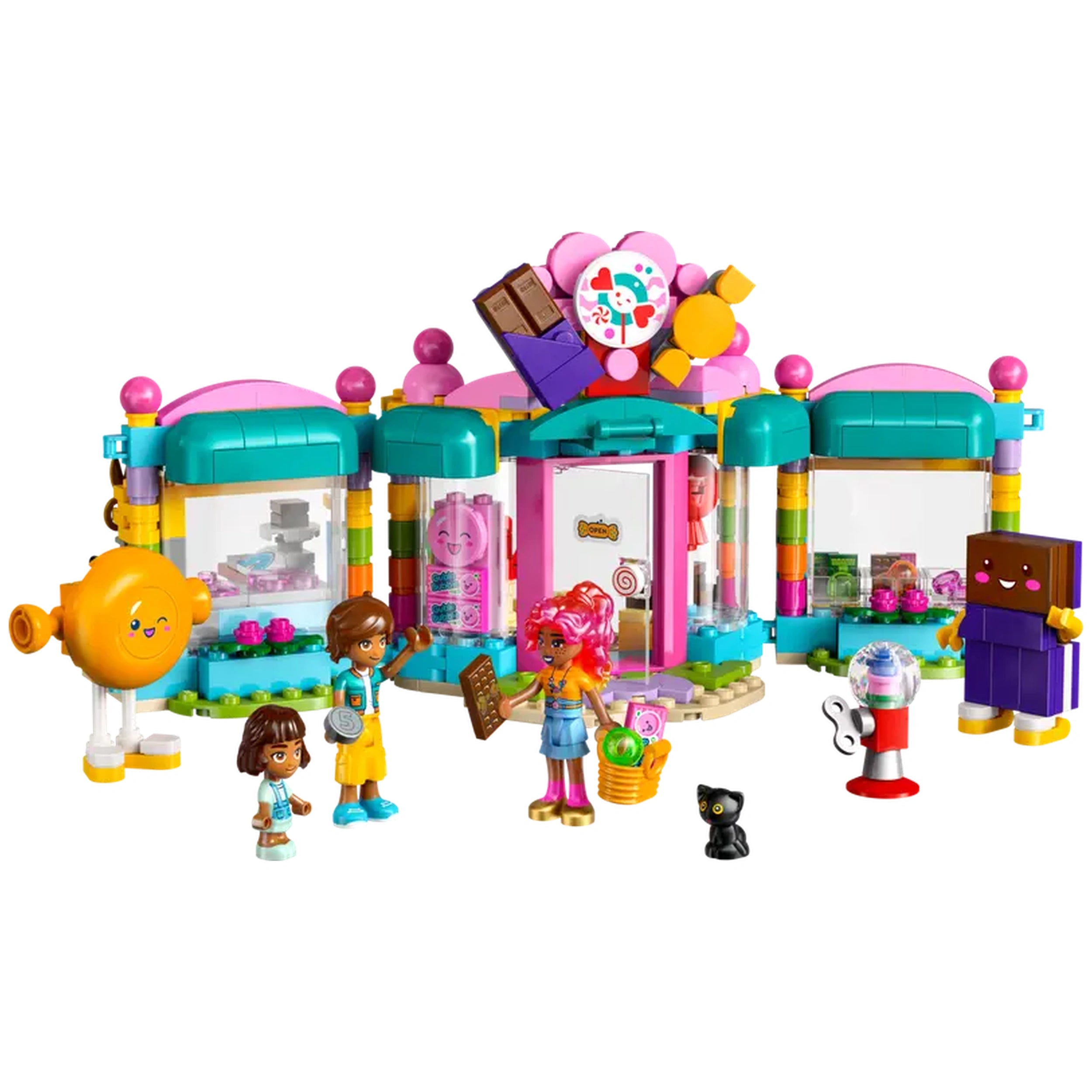 Heartlake City Candy Store set featuring colorful building, two mini-dolls, a micro-doll, and a playful cat figure in front.
