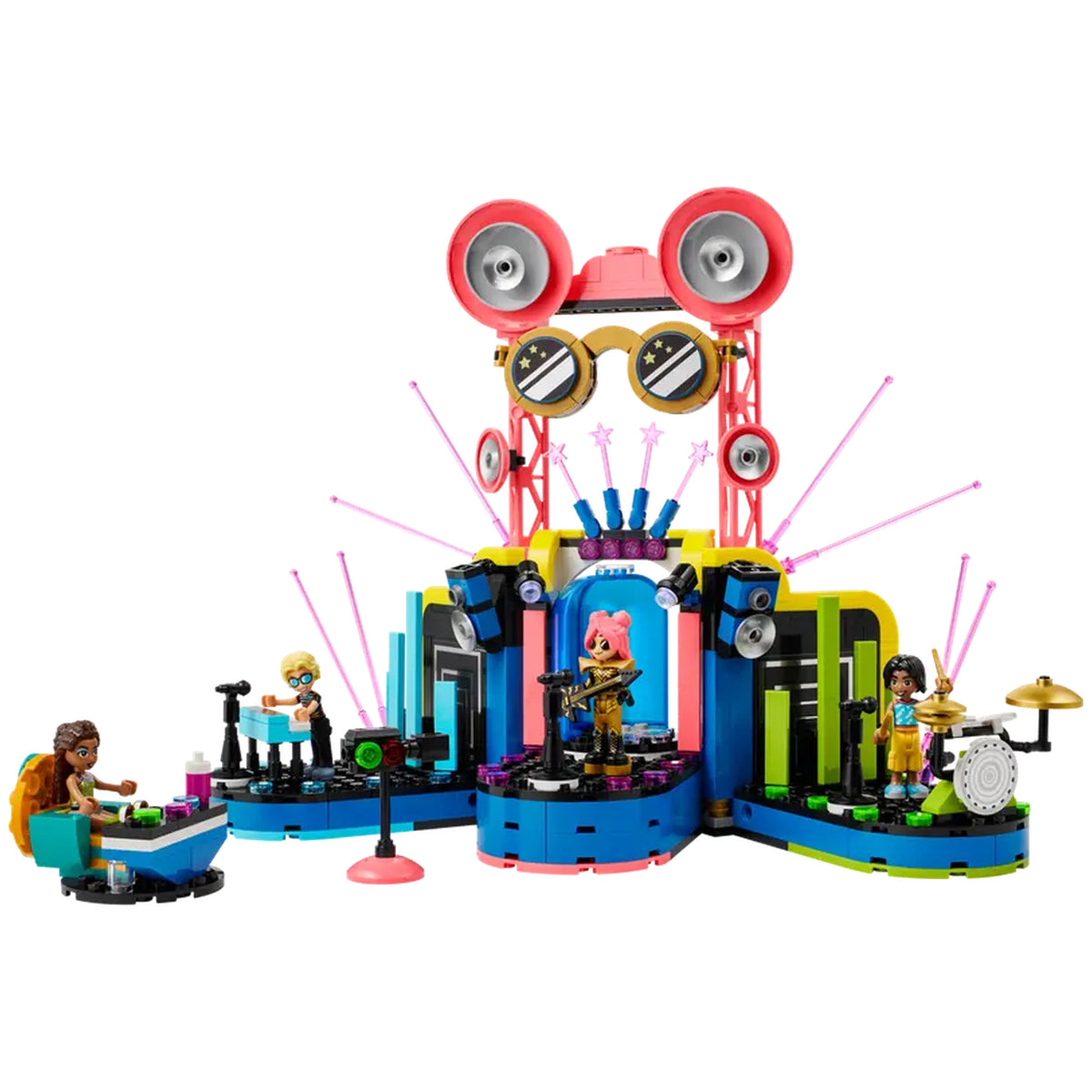 LEGO Friends Heartlake City Music Talent Show set featuring a colorful music stage with instruments, mini-dolls performing, and vibrant accessories.