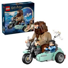 LEGO construction set featuring Hagrid and Harry on a blue motorcycle with a sidecar, holding wands, alongside an owl.